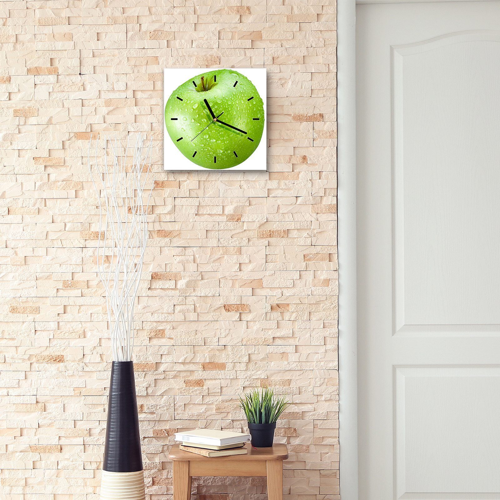 Apfel 30 cm 30 mit Wanduhr x Wanduhr Wassertropfen mit Größe Primedeco Wandkunst Motiv Glasuhr