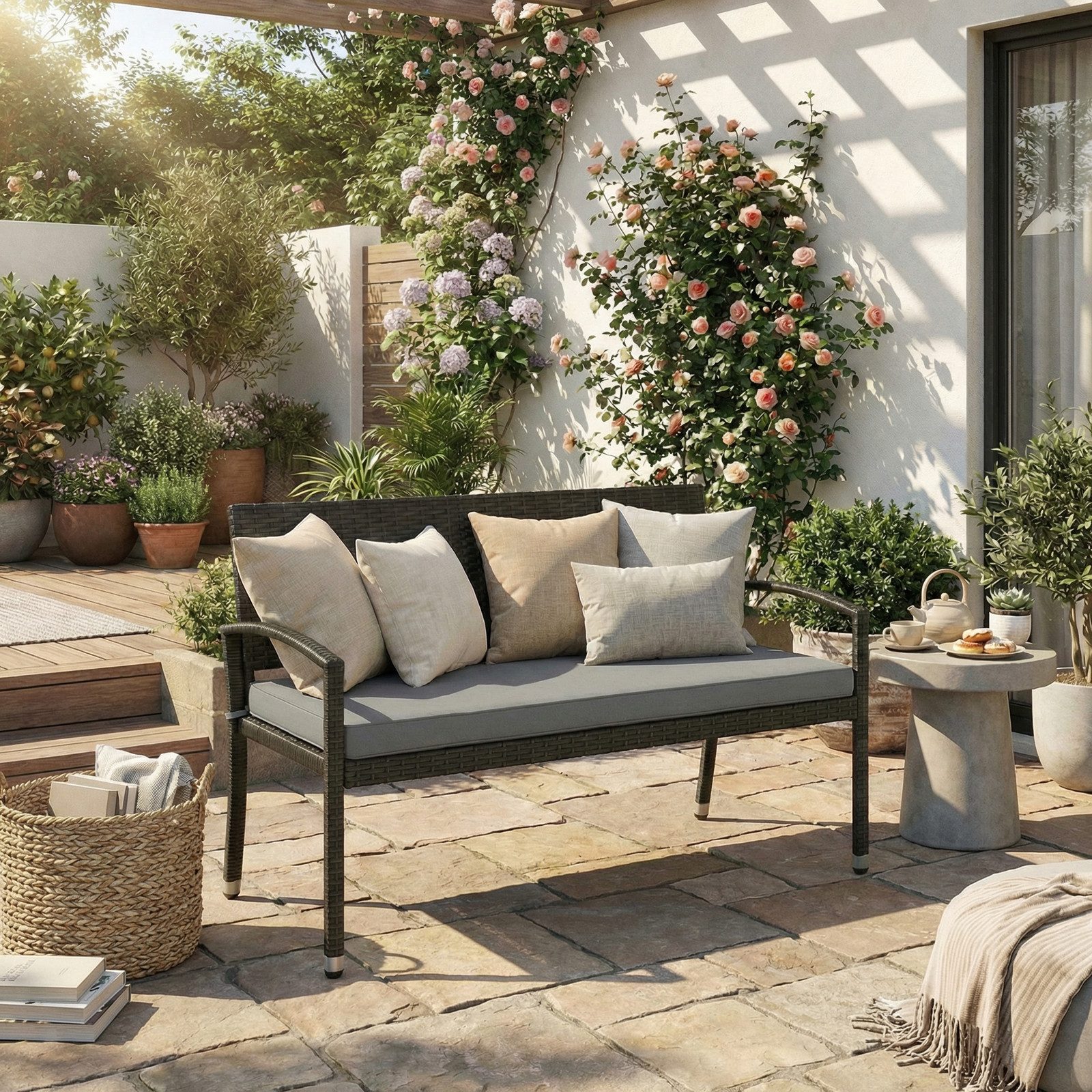 TLGREEN Gartenbank 2-Sitzer Rattan-Sofa mit Kissen (Komfortable Gartenlouge aus Wettersicherem PE-Rattan, Stabiler Metallrahmen, Terrassenmöbel Set für Außenbereich), Outdoor Sofa für Garten/Terrasse/Balkon