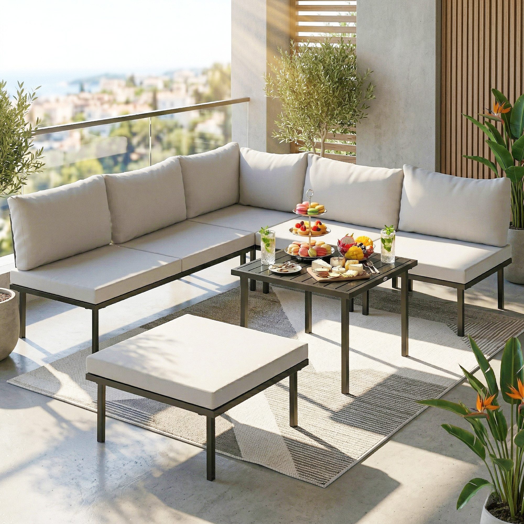 Outsunny Sitzgruppe mit 2 Sitzer Gartensofa, 2 Stühle, Eckstuhl, Lamell-Tisch, Fußhocker, (Gartenlounge Set, 6-tlg., Lounge Gartenmöbel Set), Hellgrau