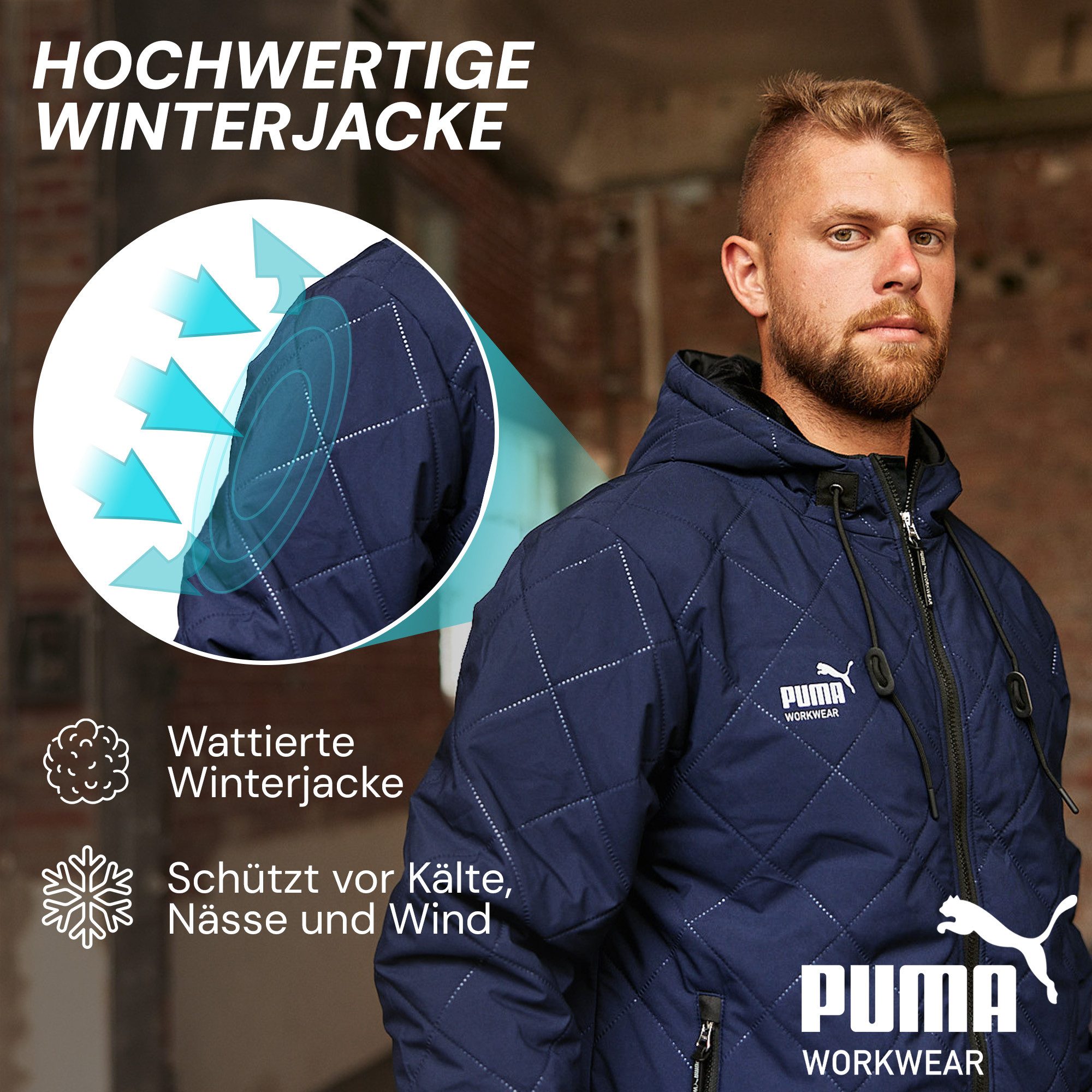 PUMA Workwear Winterjacke Herren mit Kapuze und Steppmuster - Warm gefüttert - Mit Kordelzug Robuste Arbeitsjacke für Handwerk Produktion Logistik und Baugewerbe