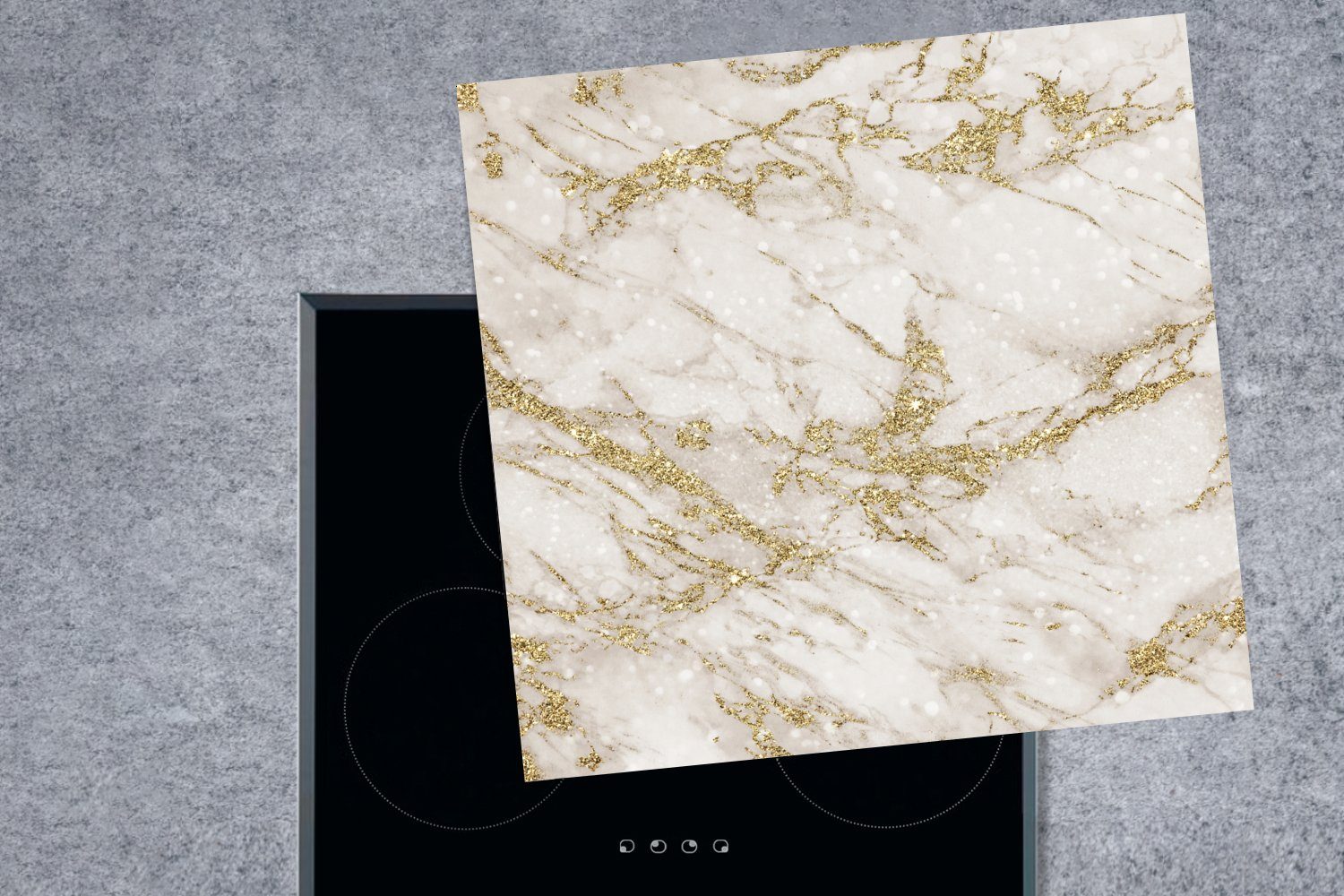 MuchoWow Herdblende-/Abdeckplatte Marmor (1 - - Ceranfeldabdeckung, Vinyl, Weiß Arbeitsplatte küche cm, tlg), - Gold, 78x78 für Muster