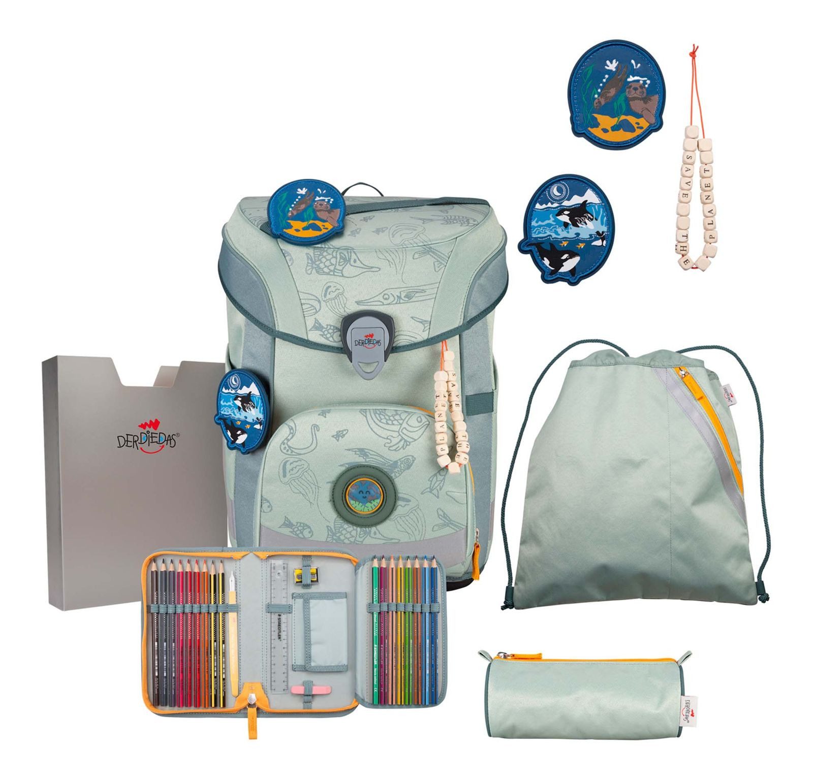 DerDieDas® Schulranzen Exklusiv Neon Schulranzenset 5-teilig (Set, 5-tlg)