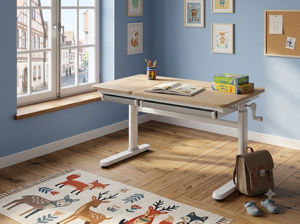 HOKO Kinderschreibtisch höhenverstellbar für Kinderzimmer (Schreibtisch für Kinder ab 6 Jahren, mit 80x40 cm neigbarer Tischplatte, 2 Schubladen, Verstellbar 54-76cm), 120x60 cm Arbeitsfläche, 100 kg Belastbarkeit, Holzoptik, CELIN