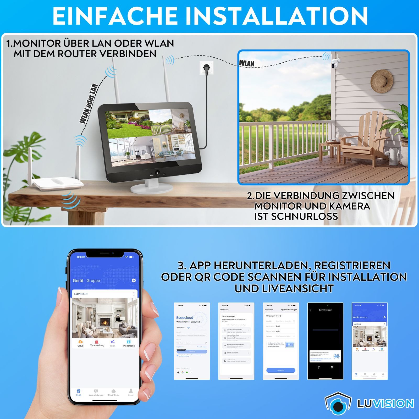 LUVISION Überwachungskamera Dual WLAN PTZ Überwachungssystem 12,5" Monitor KI Bewegungsverfolgung (Außen- und Innenbereich, 4-tlg., WLAN Funk Überwachungssystem – Bild 4 von 5