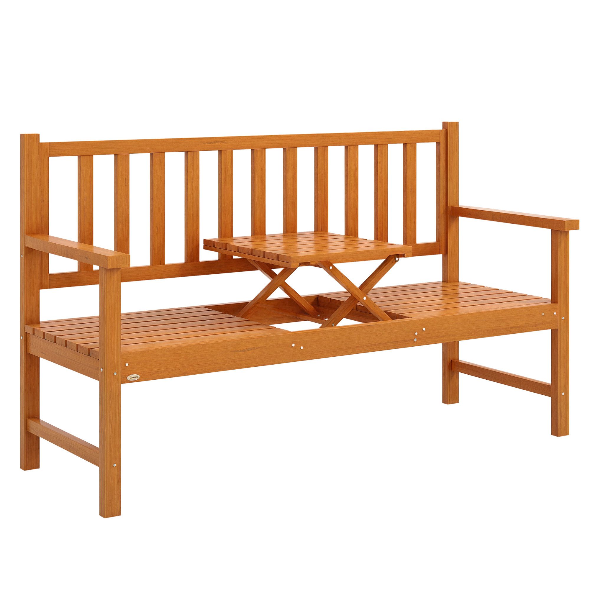Outsunny Bank 3-Sitzer Sitzbank mit Tisch, Parkbank mit Armlehne (Holzbank, 1-St., Gartenbank), für Balkon, Terrasse, Hellbraun, 153 x 56 x 91 cm