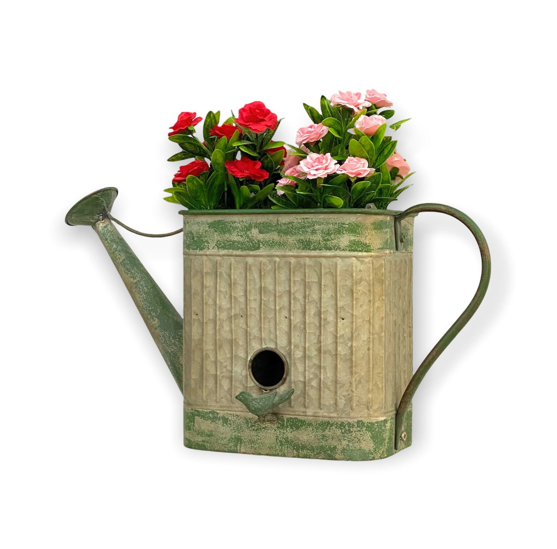 DanDiBo Vogelhaus mit Blumentopf zum Aufhängen Metall Deko Gießkanne Vogelhäuschen, für die Wand & zum Aufstellen wetterfest 481999