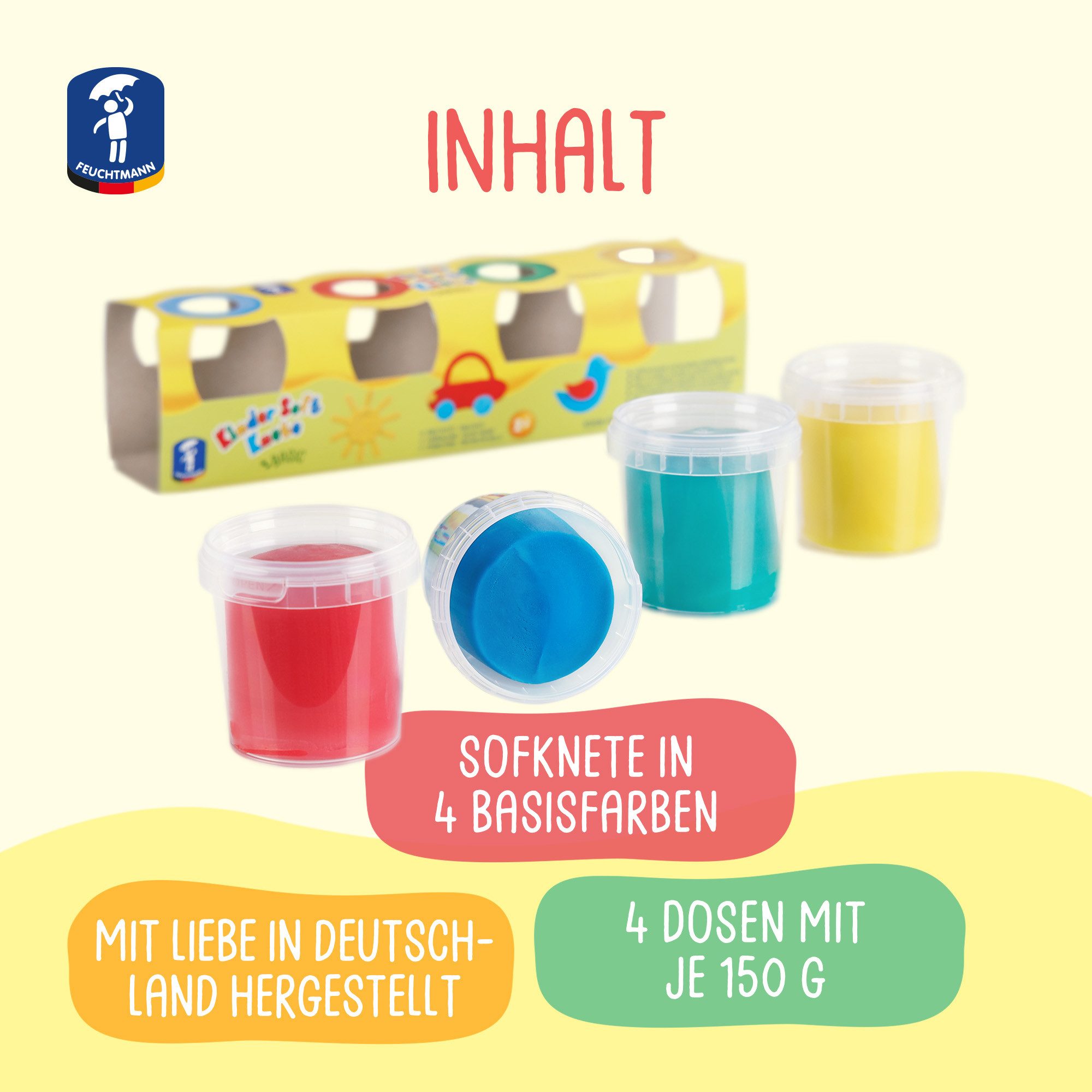 Feuchtmann Knete KINDER SOFT KNETE Basic (1-tlg), 4 x 150g weiche Kinderknete in praktischen Dosen
