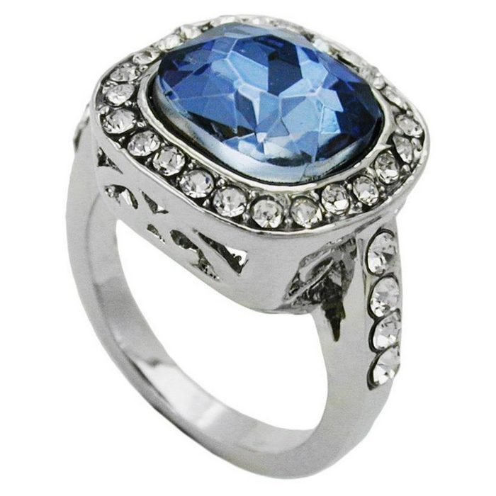 Gallay Fingerring 15 5mm großer blauer Glasstein mit kleinen weißen Zirkonias rhodiniert Ringgröße 54