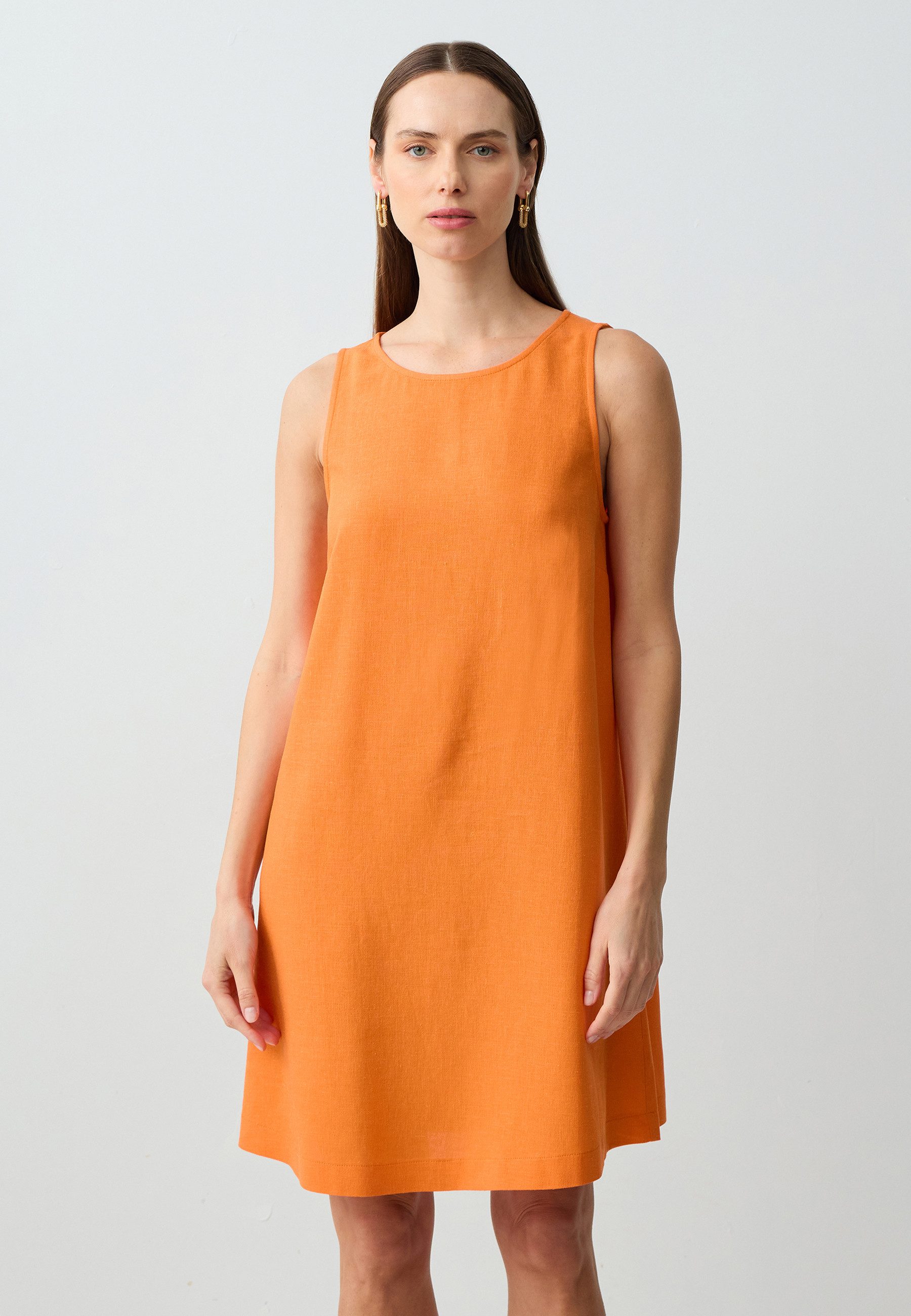 Minikleid Locker Geschnittenes Gewebtes Oranges Kleid Mit Rundhalsausschnitt