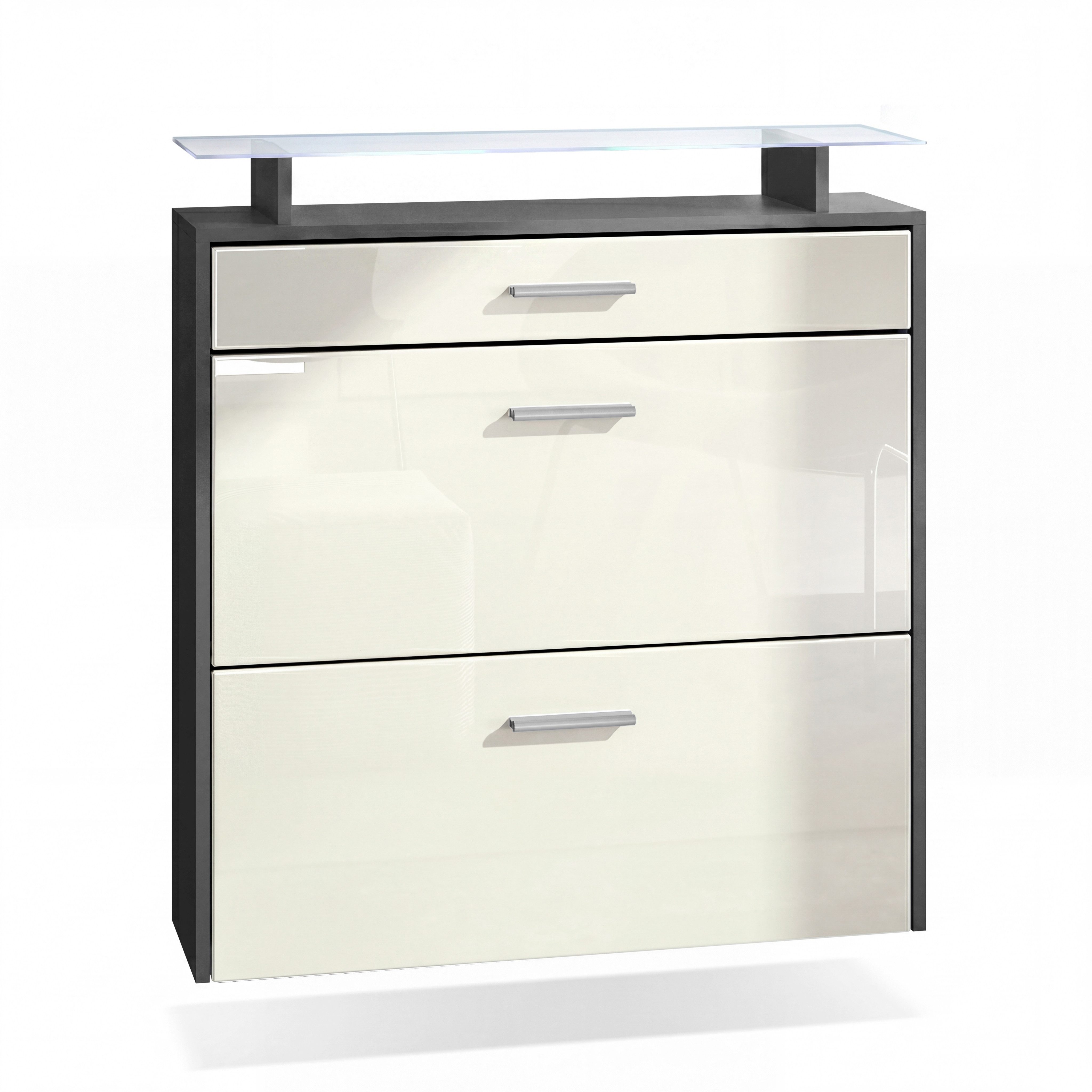 Vladon Schuhschrank Malea (hängender Schuhkipper für 16 Paar Schuhe, mit 2 Klappen und 1 Schublade und Glasablage) Anthrazit Matt/Creme glänzend, mit Beleuchtung weiß (89x96x23 cm)