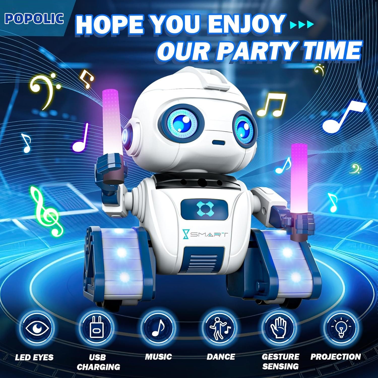 POPOLIC RC Robot, Rechargeable and Projectable Toy for Kids (RC Toy with Gesture Sensor, 1-Piece, RC Robot with LED Eyes and Music), for Boys and Girls Ages 3, 4, 5, 6, 7, 8, 9, and 10 - Gift - White