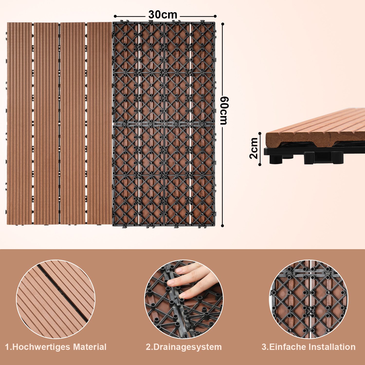 Clanmacy Holzfliesen WPC Terrassenfliesen Holzfliesen 60x30cm günstig online kaufen
