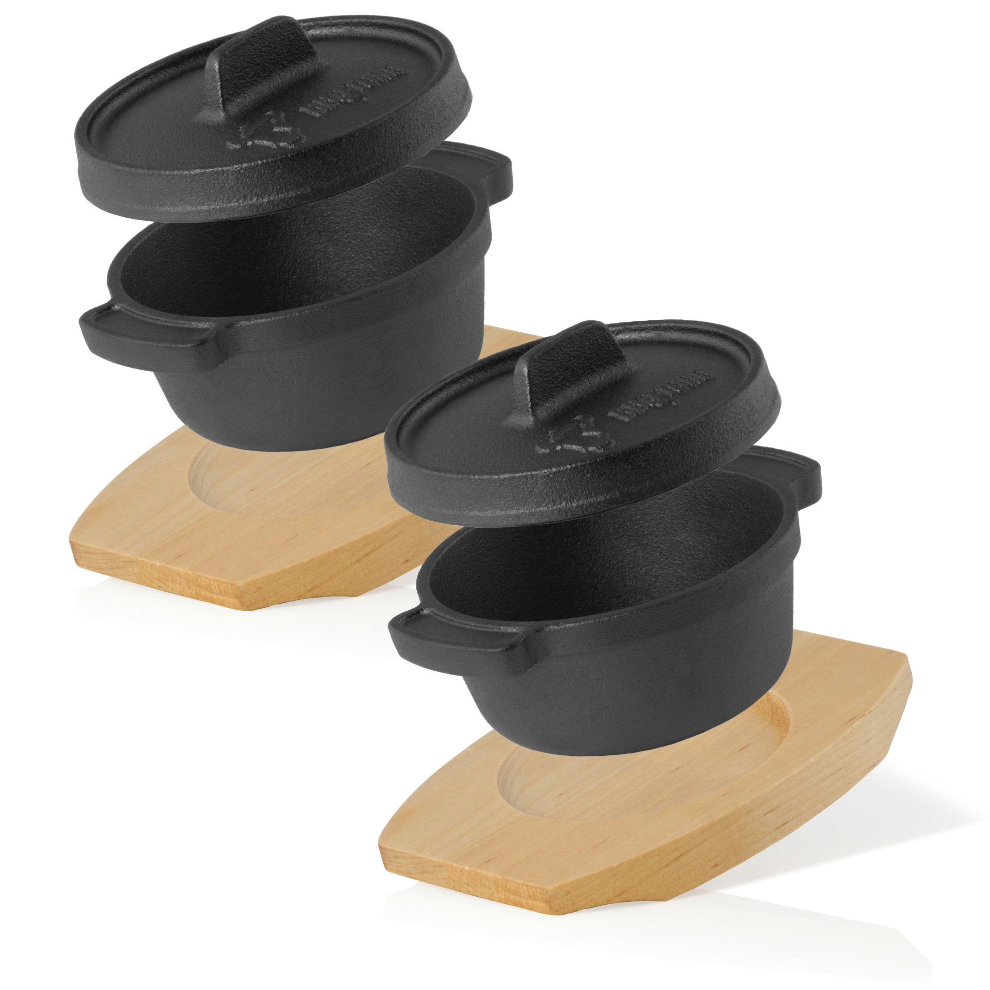 BBQ-Toro Serviertopf Mini Dutch Oven (2 Stück), Ø 11 cm, Gusseisen Topf mit Holzunterlage, Gusseisen (Set)