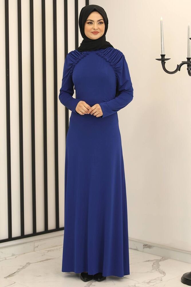 Modavitrini Abendkleid Abaya Kleid Blau Abiye elastisch Damen Hijab Raglanärmeln mit