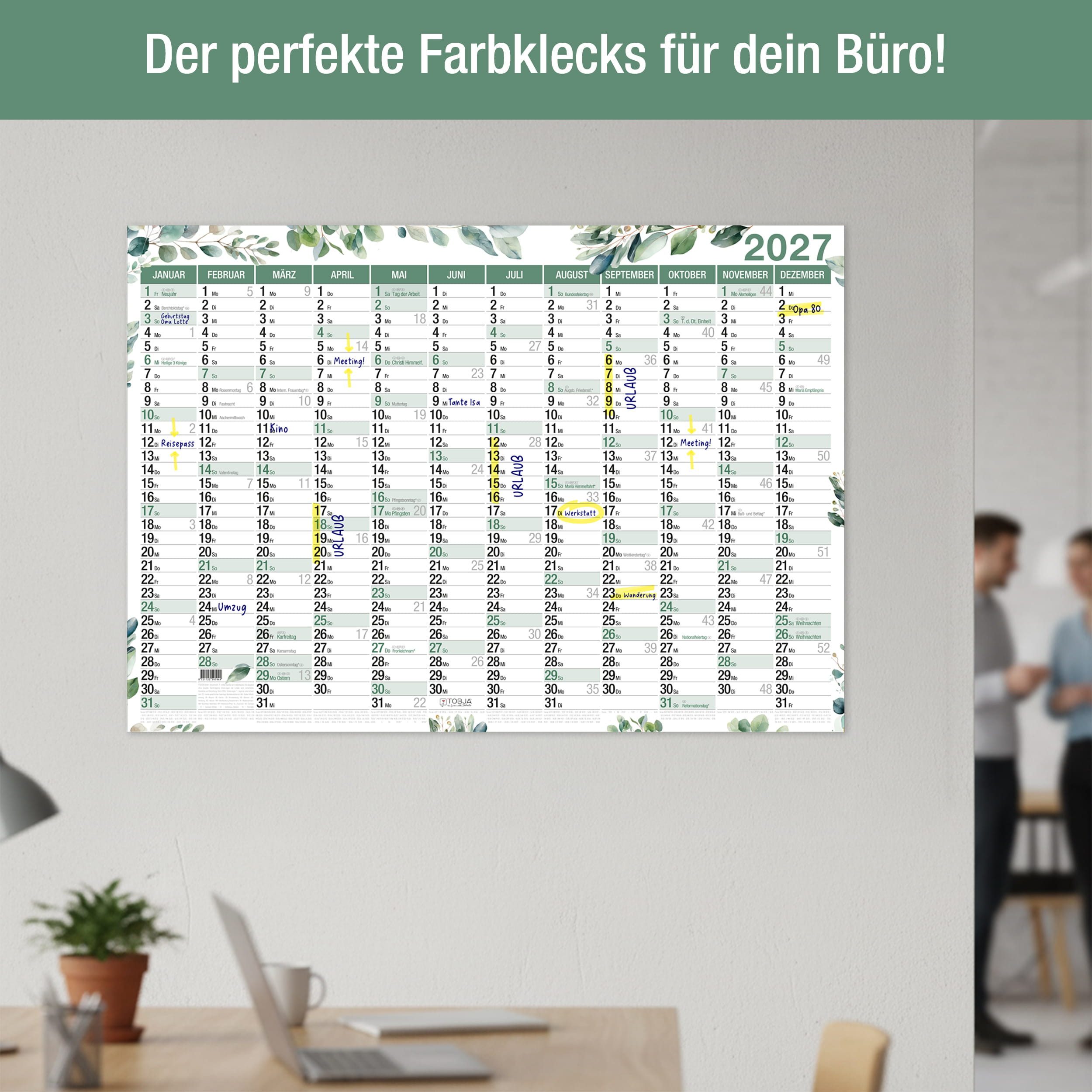 TOBJA Wandkalender Wandkalender 2027 A1 Eukalyptus Design – Großer Wandplaner, Botanical Design, Ferienkalender DE, große Felder – Bild 4 von 5