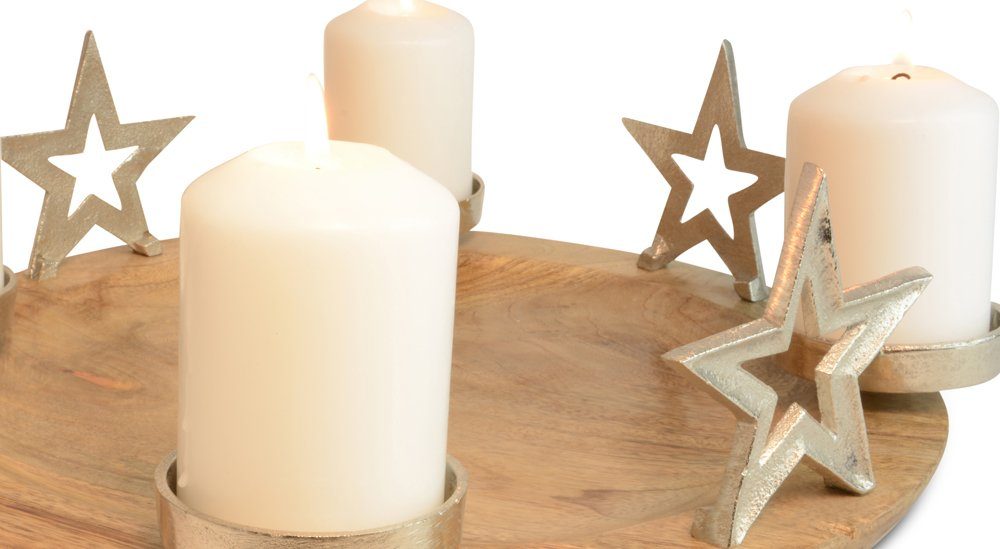 RIFFELMACHER & WEINBERGER Adventskranz Kerzenhalter "Runder Teller mit Sternen" 70338 - Natur Silber 38x13cm