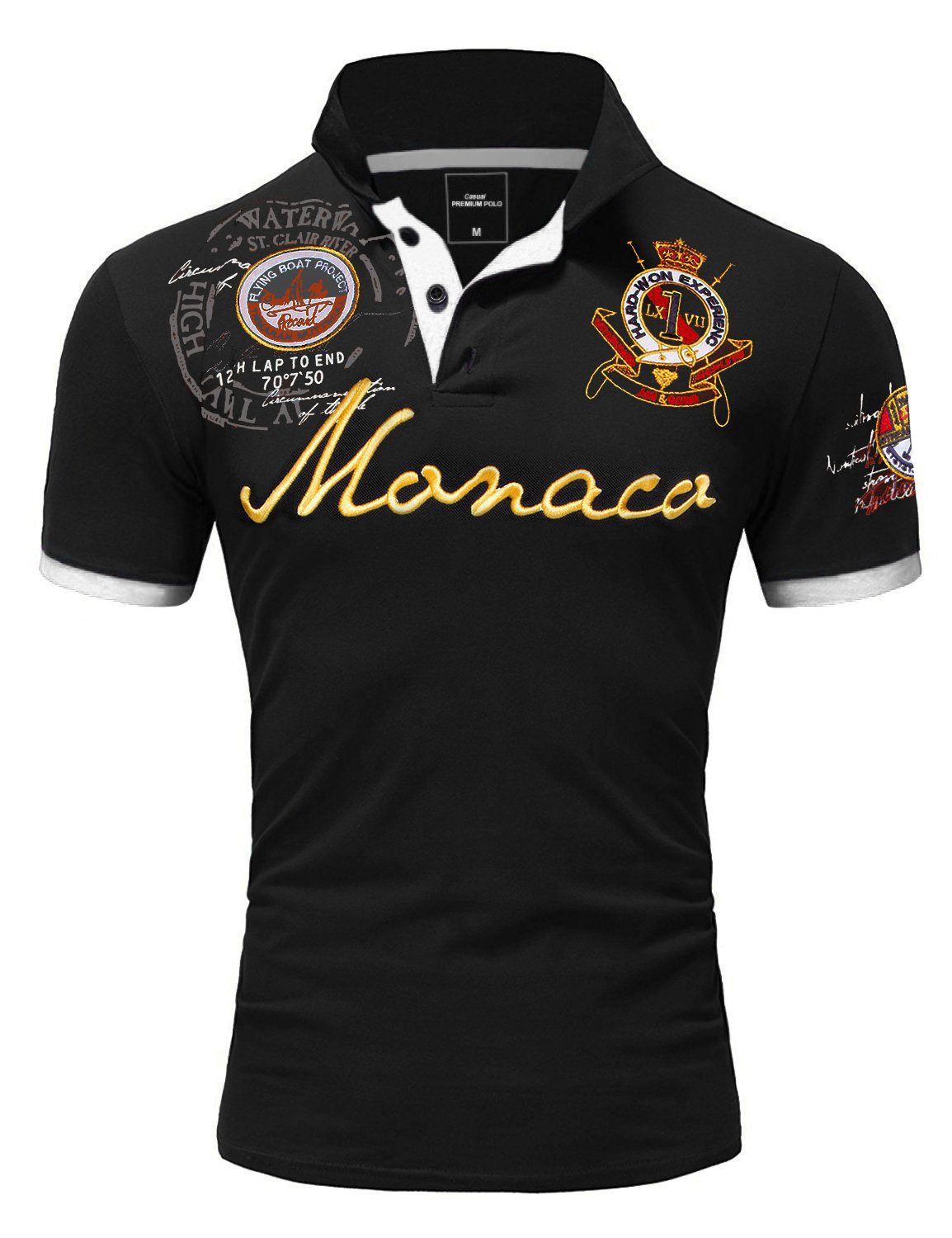Amaci&Sons Poloshirt Monaco 2.0 Poloshirt mit Stickerei Herren Basic Kontrast Monaco Stickerei Kurzarm Polohemd T-Shirt Schwarz