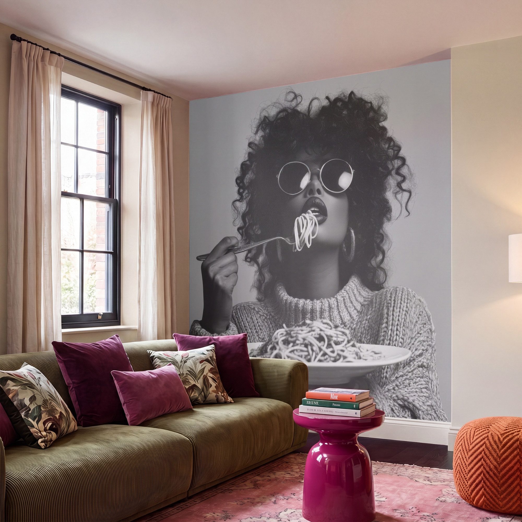 OnlyWow Fototapete Frau - Nudeln - Schwarz - Weiß, Matt, bedruckt, Wandtapete, Modern, Wanddekoration, Vinyl Tapete 220x220cm