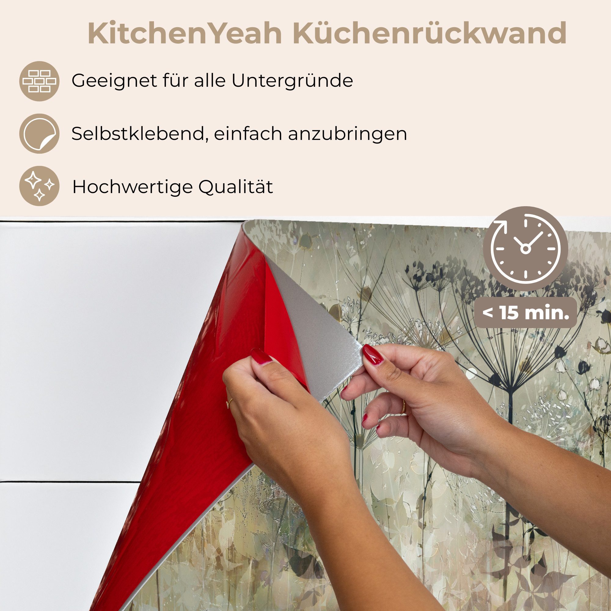 KitchenYeah Küchenrückwand selbstklebend Blumen - Grau - Natur - Kunst, (1-tlg), Spritzschutz, Küche, Rückwand, Küchenwand, Küchenfront, 80x60 cm