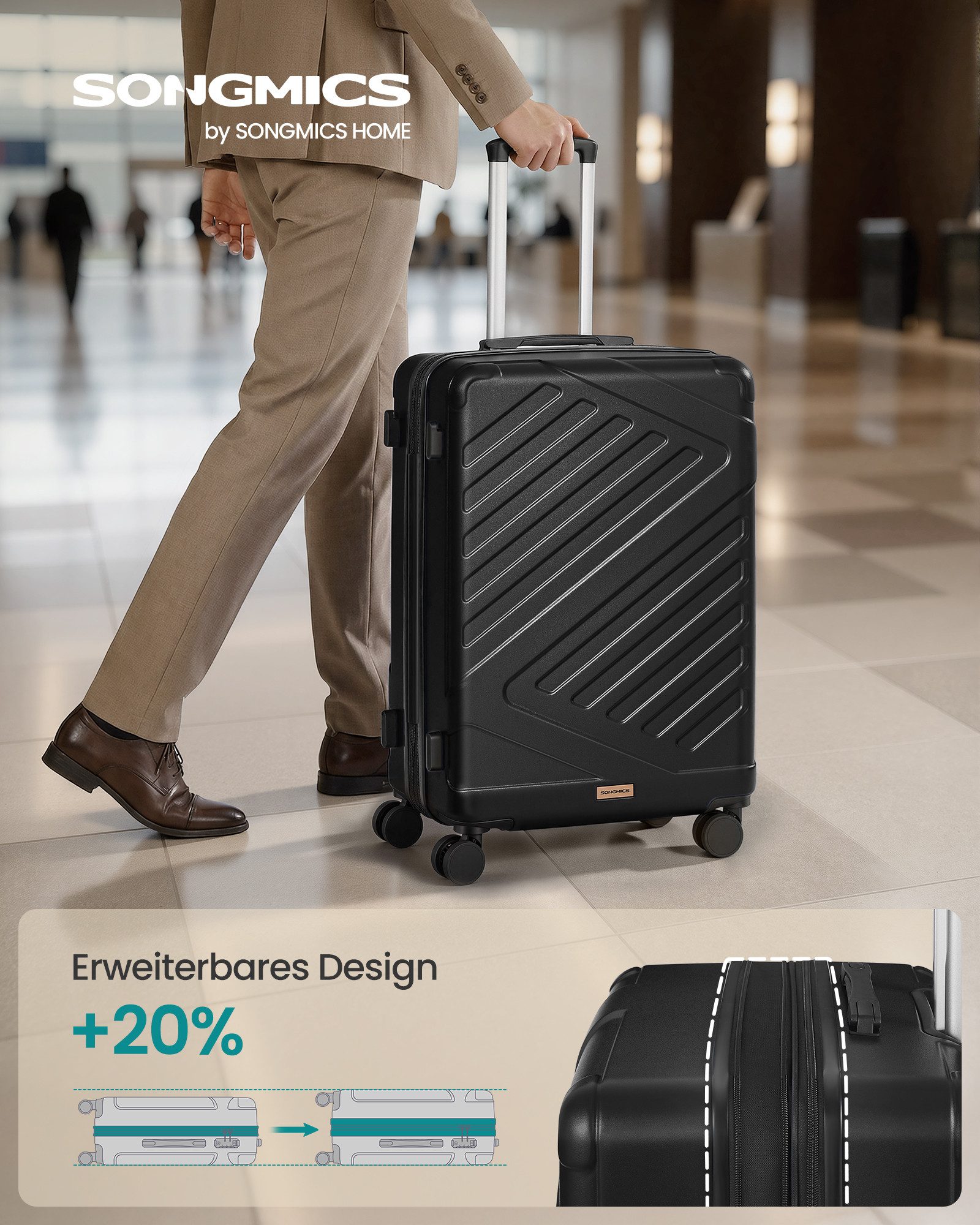 SONGMICS Hartschalen-Trolley Kofferset, 360° Rollen, robuster Reisekoffer, Bordcase, ABS, TSA-Schloss, Zahlenschloss, Koffergurt, erweiterbar, mittel