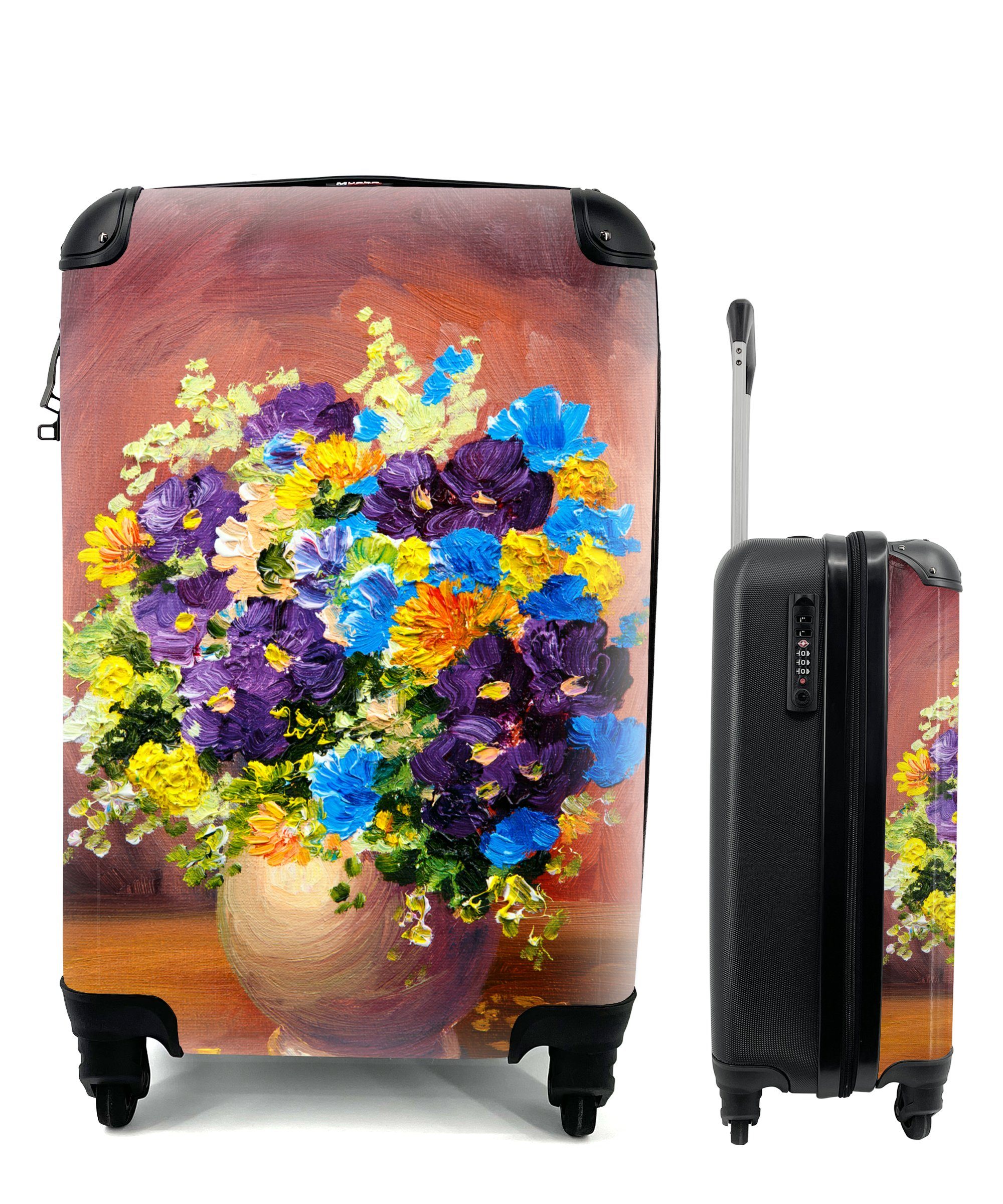 MuchoWow Handgepäckkoffer Blumenstrauß - Frühling - Ölfarbe, 4 Rollen, Reisetasche mit rollen, Handgepäck für Ferien, Trolley, Reisekoffer