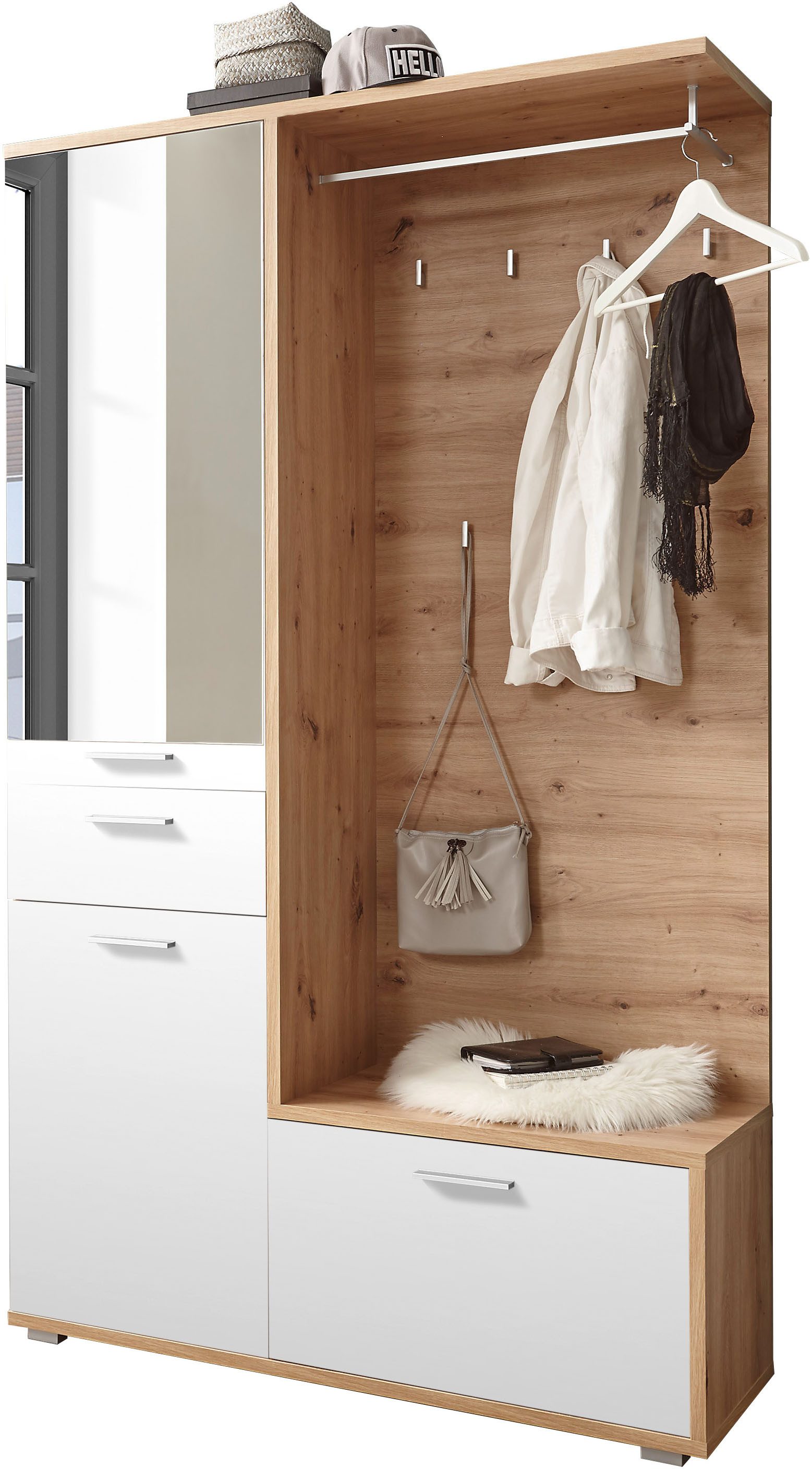HBZ Kompaktgarderobe Entra Garderobe, BxHxT 117x198x38 cm (3-St) mit Spiegel und Schubkasten