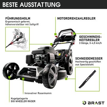 BRAST Benzinrasenmäher mit Antrieb 5,2kW (7PS)  inkl. Motoröl, TÜV, 55 cm Schnittbreite, 60L Fangkorb, 4 Takt OHV Motor, Stahlgehäuse, ESTART SPEED