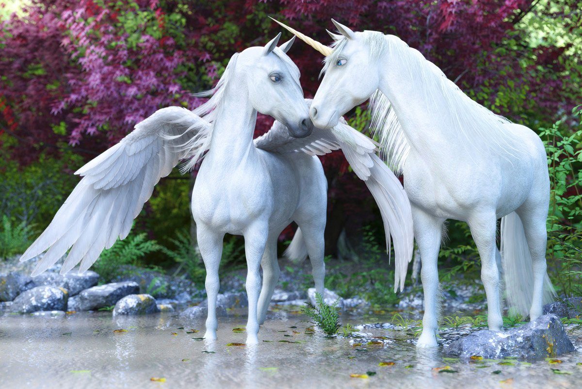 Papermoon Fototapete EINHORN-PFERDE FANTASY TIERE PFERD WALD NATUR BÄUME XXL