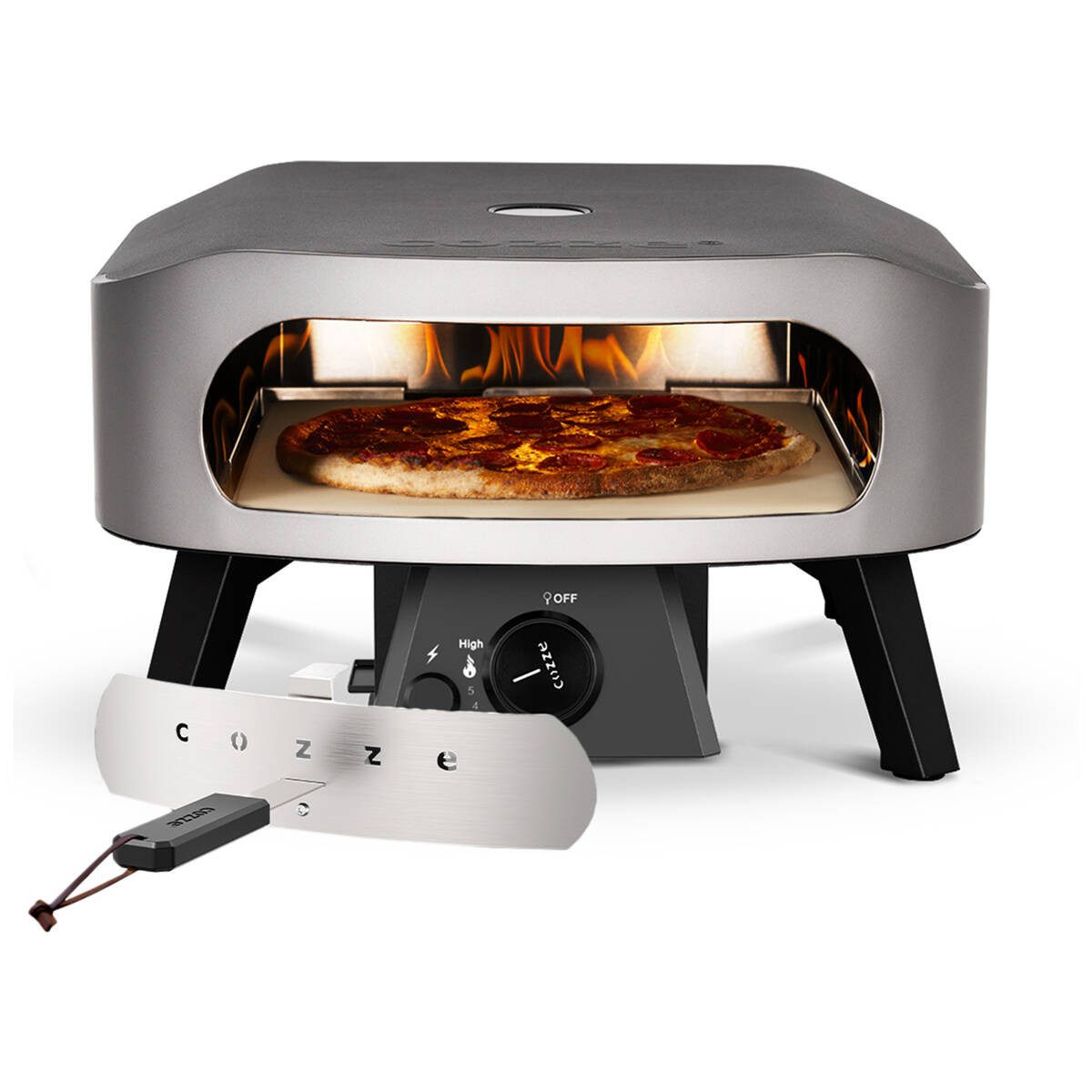 COZZE Gas-Pizzaofen 13" Classic Pizzaofen, Komplett-Set, inkl. Hitzeschild, Pizzastein, Schlauch & Gasdruckregler, integriertes Thermometer