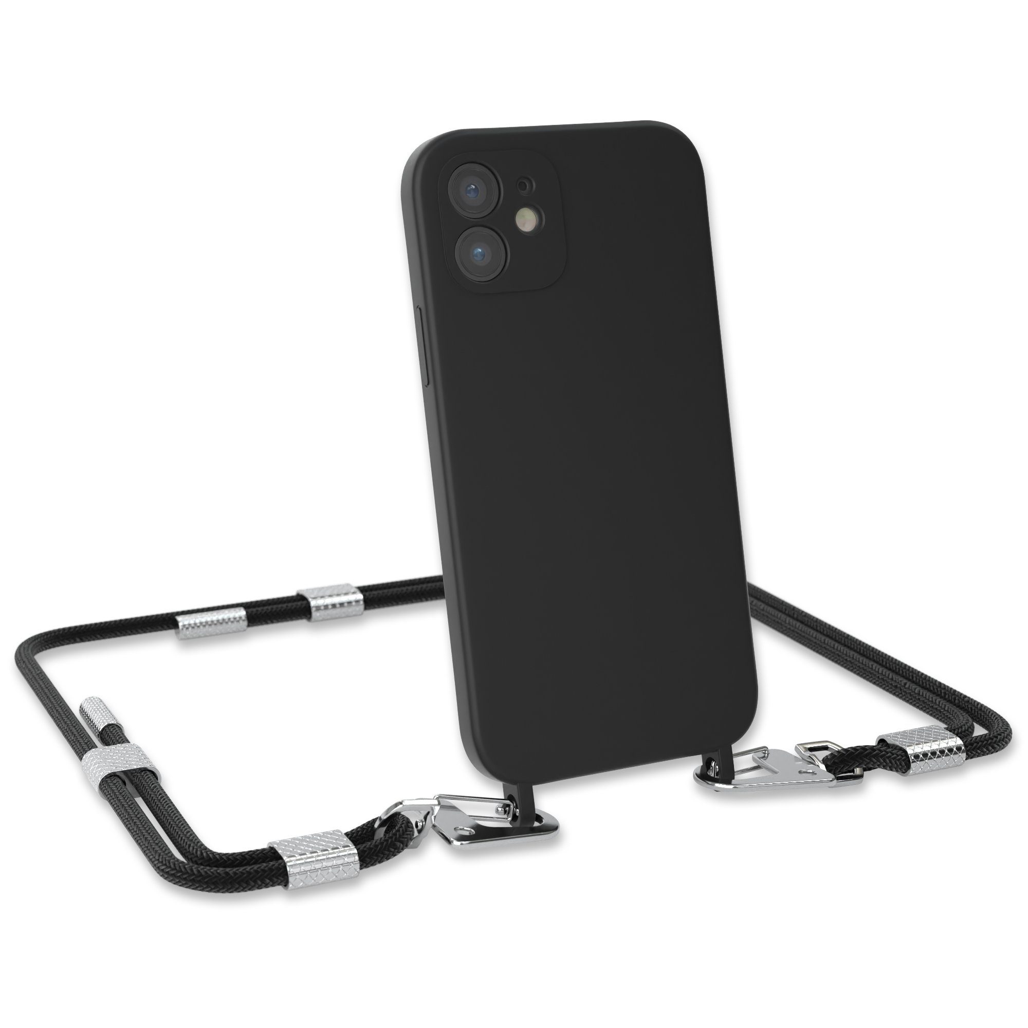 EAZY CASE Handykette Carabiner Chain für Apple iPhone 12 6,1 Zoll, Ketten Hülle Cross Bag Case Kettenhülle abnehmbare Kordel in Schwarz