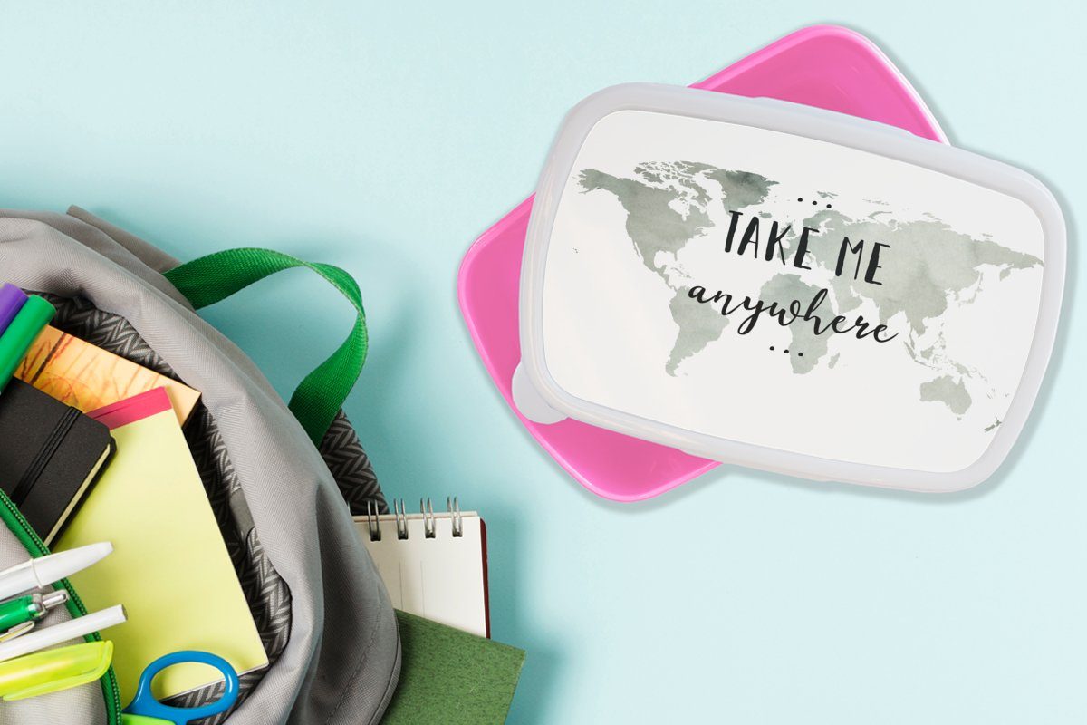 (2-tlg), Kunststoff - Mädchen, Me rosa MuchoWow Lunchbox - Kunststoff, Snackbox, für Anywhere, Brotbox Weltkarte Zitat Erwachsene, Take Kinder, Brotdose