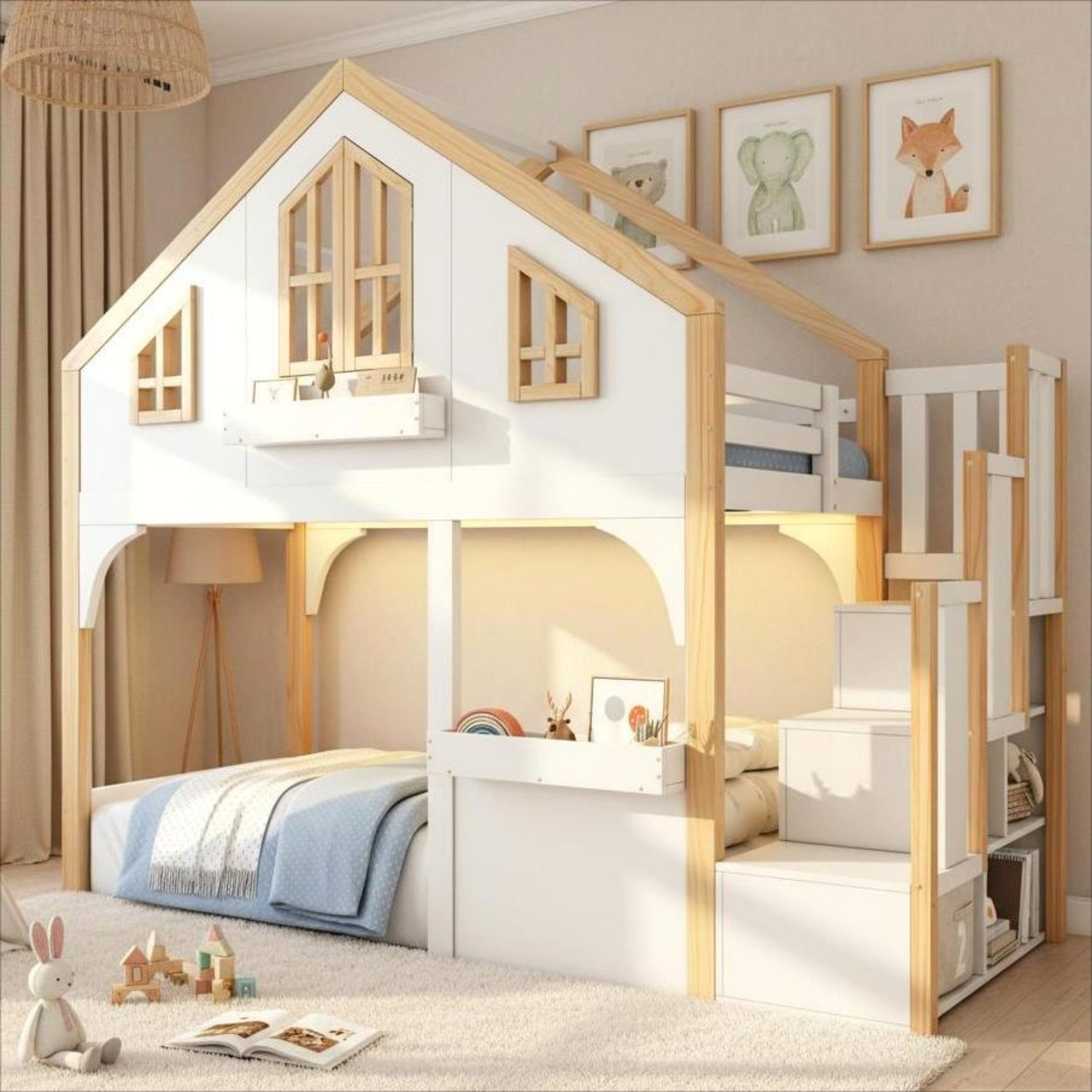 autolock Kinderbett Kinderbett Holzbett Unteres Bett mit Stauraumtreppe, LED-Beleuchtung (90×200 cm), Dachbett Etagenbett mit Fensterdesign, Kiefernholz & MDF