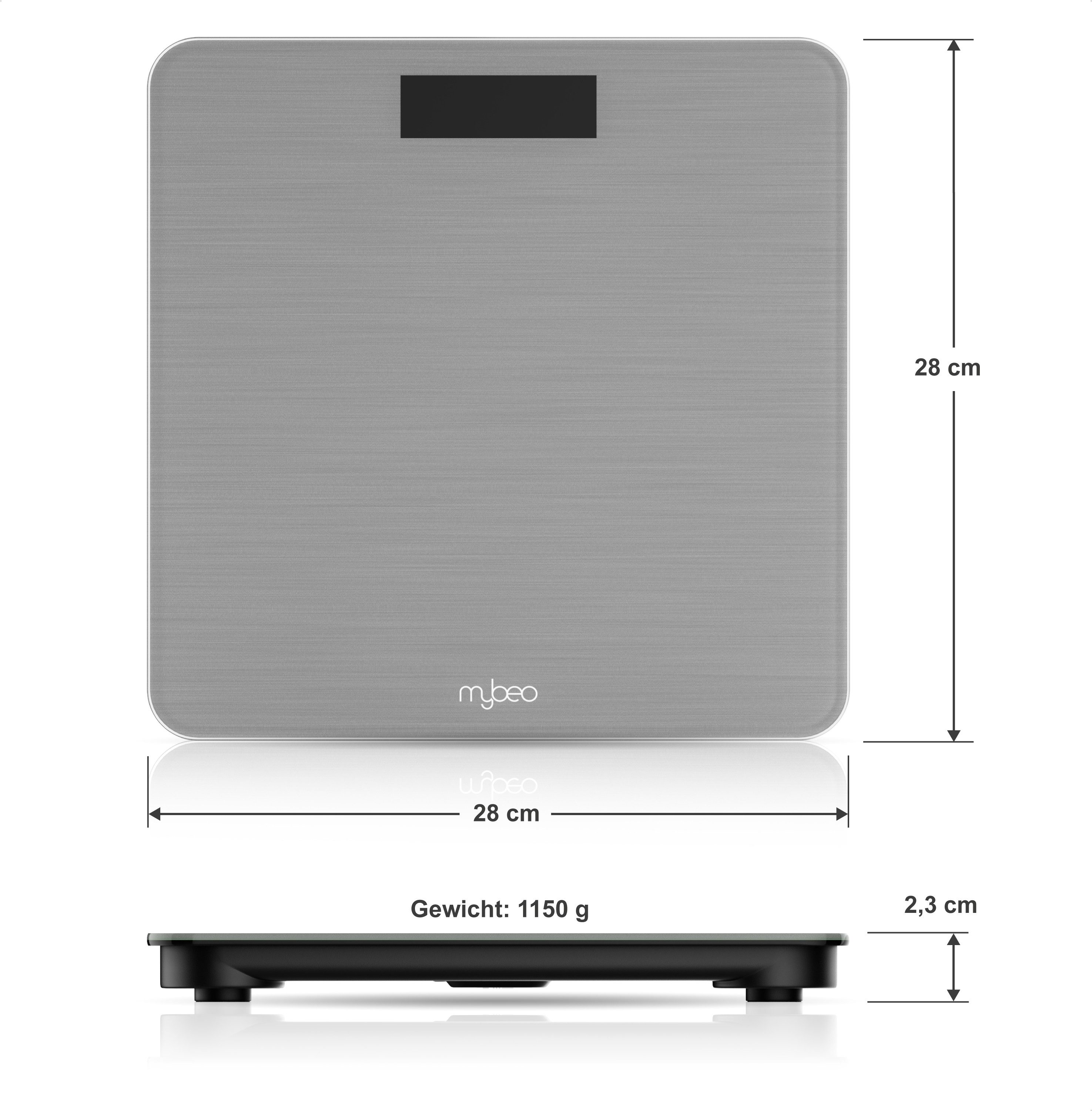 MyBeo Personenwaage digitale Waage für Personen, große Trittfläche aus 6mm Sicherheitsglas, 1-tlg., Badezimmer Digitalwaage, schmales Design, max. Belastung über 150 kg