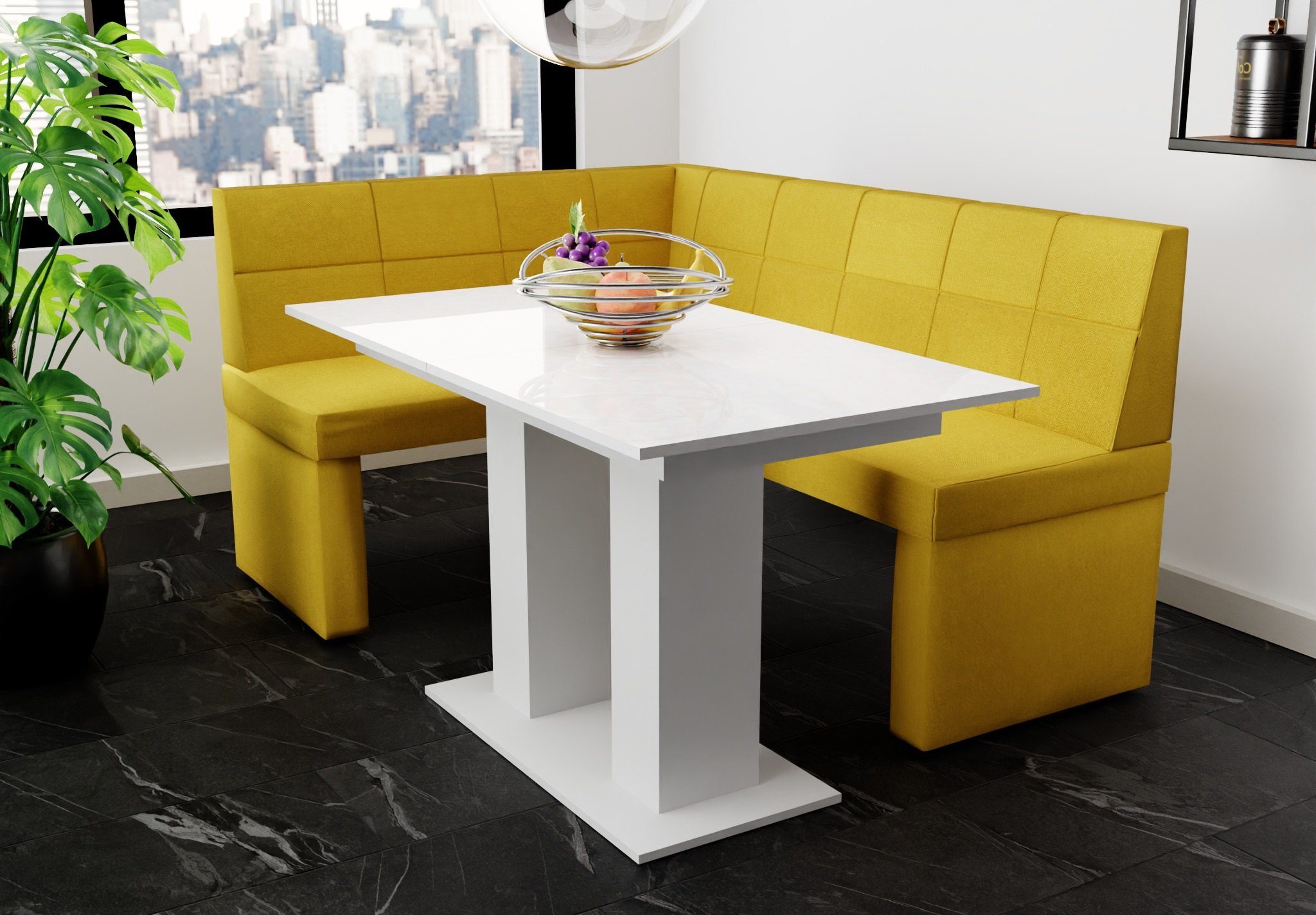 Tisch Fun Eckbankgruppe 168x128cm Tisch Hochglanz, ausziehbarer Eckbankgruppe „BLAKE“ Möbel Weiß mit Größe