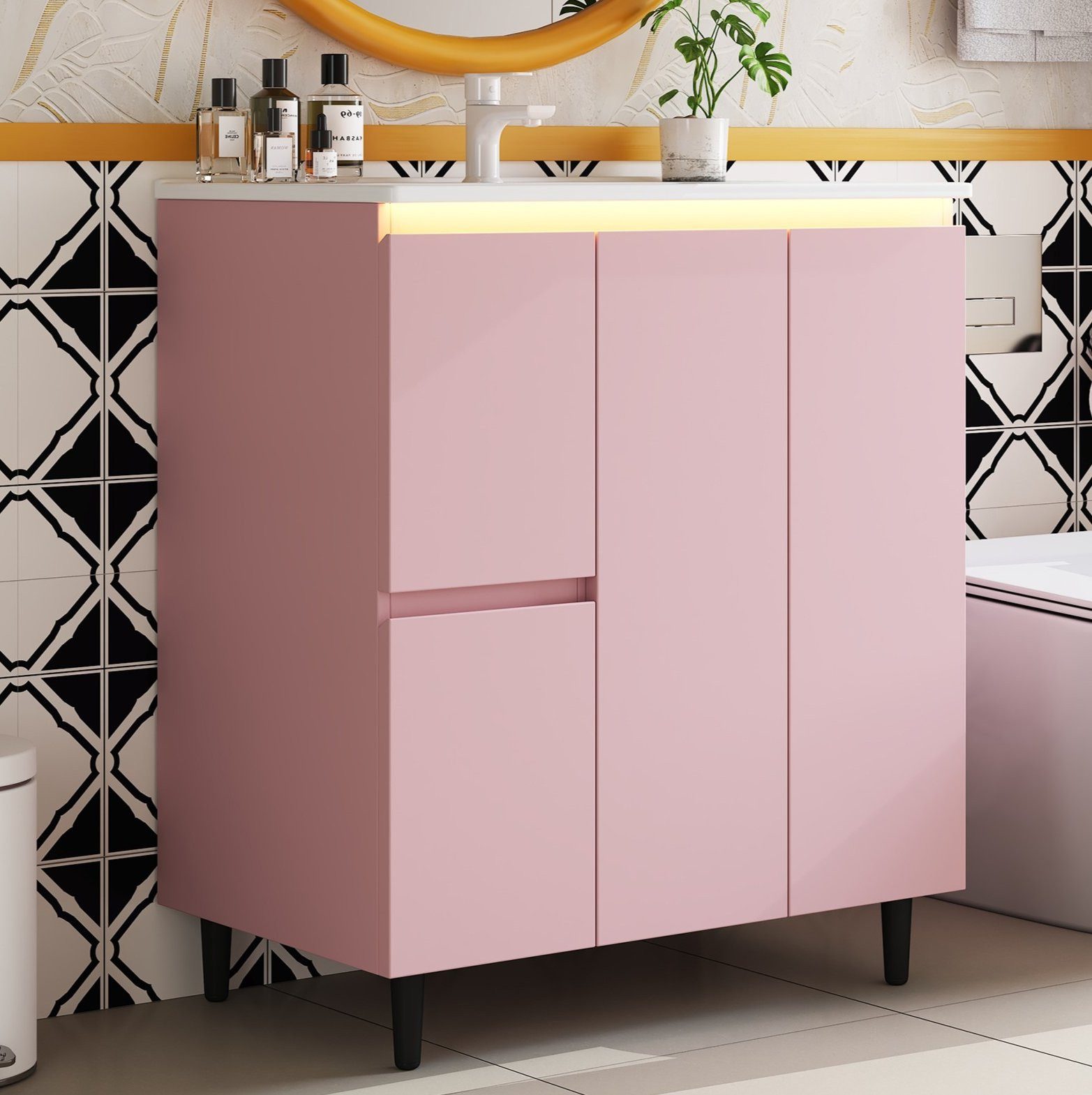 MODFU Waschbeckenunterschrank Freistehender Badmöbel Waschtisch 76x47x89 cm mit Keramikwaschbecken (LED-Beleuchtung mit Bewegungssensor, Soft-Close-Funktion und erhöhten Standfüßen, Badezimmerschrank, Badschrank)