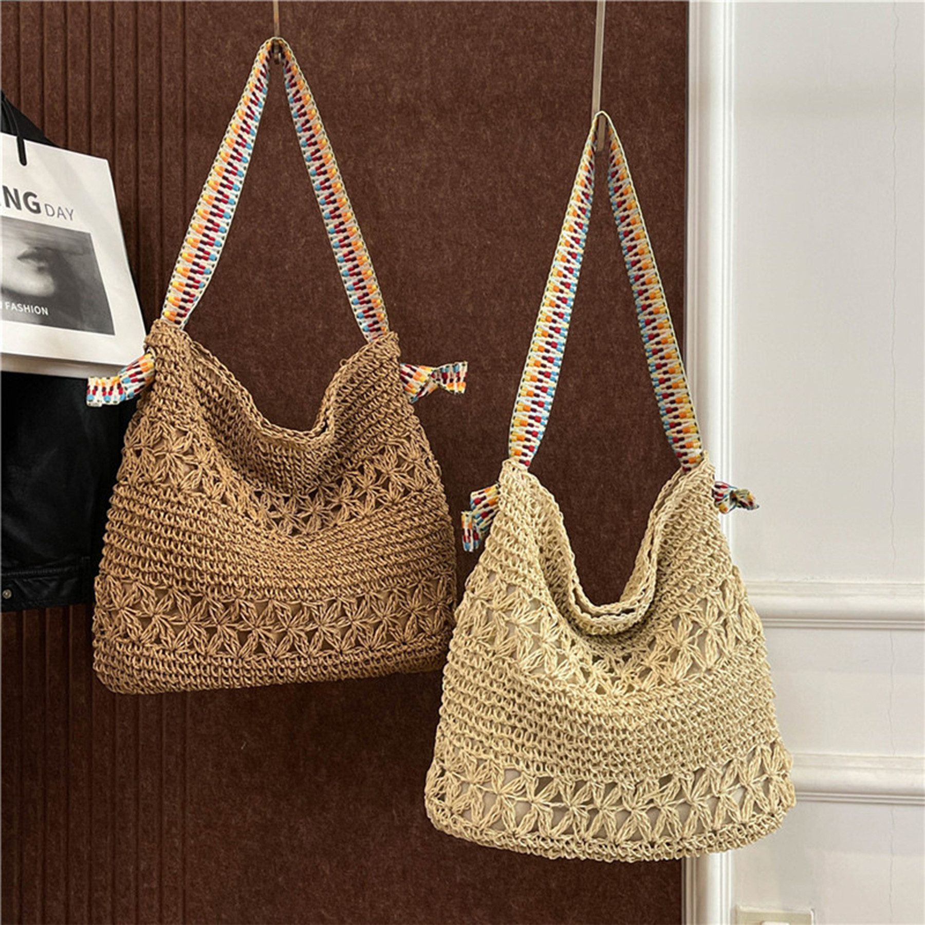 Mutig Strandtasche Sommer Strandtasche Damen Boho Häkeltasche Strand Mesh Tragetasche (Strohtasche Beach Handtasche Leicht Umhängetasche Vintage Sommertasche, R – Bild 2 von 5