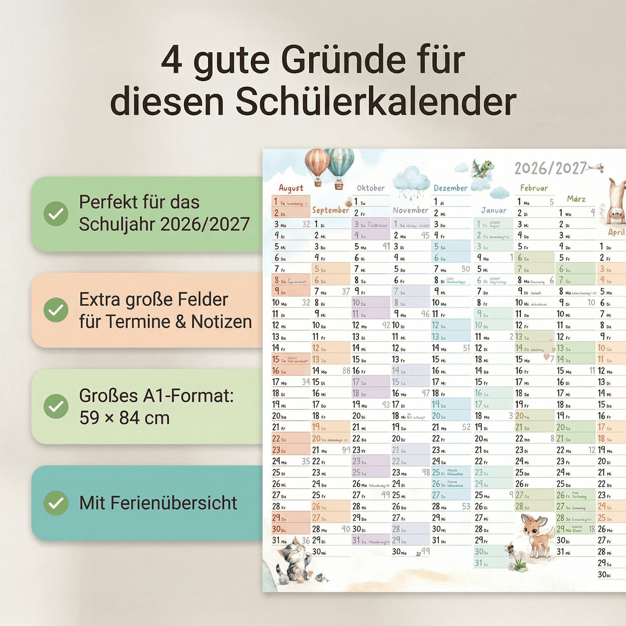 TOBJA Wandkalender Schuljahreskalender A1 2026/2027 "Tierwelt Pastell" 13 Monate, Wandkalender, Jahresplaner Ferien & Feiertage DE/AT