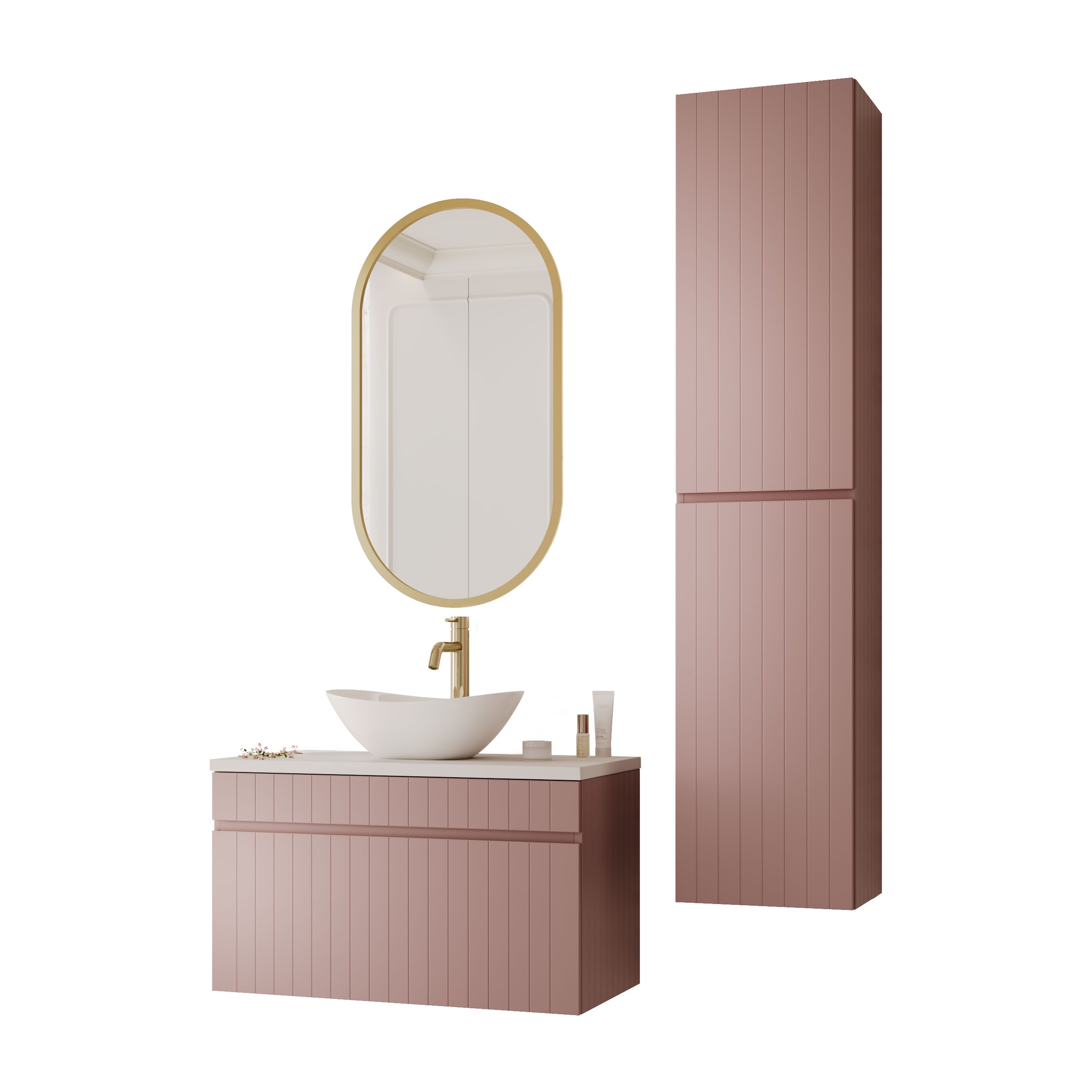 Lookway Badmöbel-Set FLORIS Badezimmer-Set mit Muschel-Waschbecken und Hochschrank, (Badezimmer-Set mit wählbarem Spiegel, Becken und Armatur), Breite: 80 cm