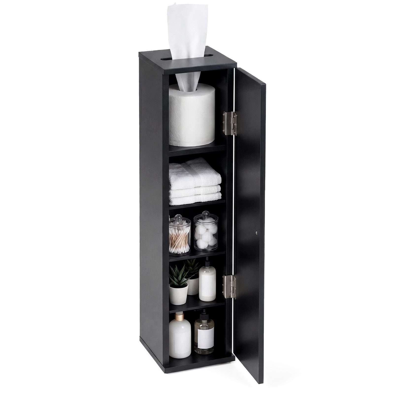 COSTWAY Toilettenpapierhalter, stehend, mit Tür & Fächern, 15x16x69cm