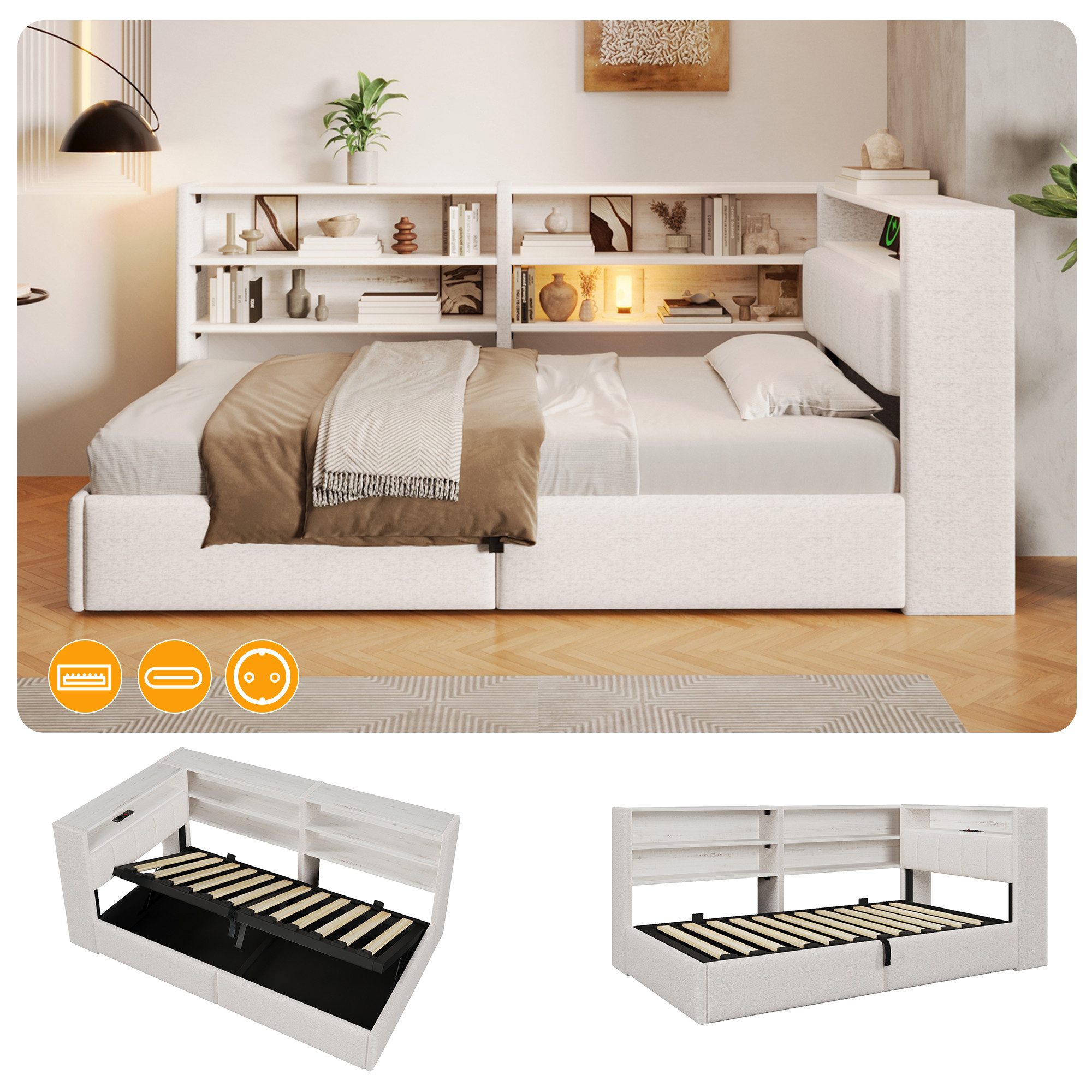 Flieks Daybett, Schlafsofa 90x200cm mit Hydraulik-Stauraum, LED-Leiste, USB