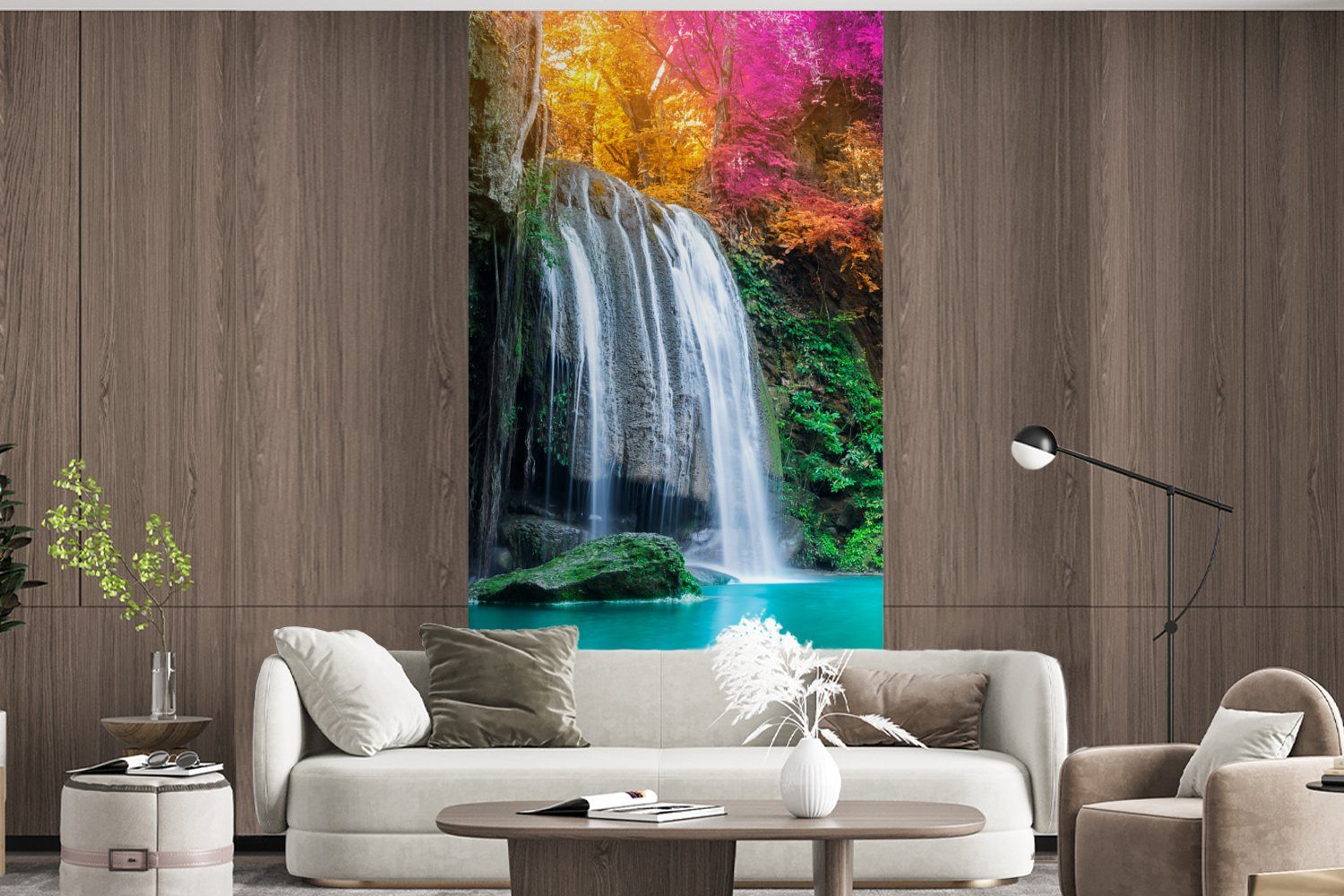 (2 Fototapete Natur, - - St), Wasserfall Vliestapete - bedruckt, Rosa Schlafzimmer Küche, MuchoWow - Wohnzimmer Braun Matt, für Fototapete Bäume
