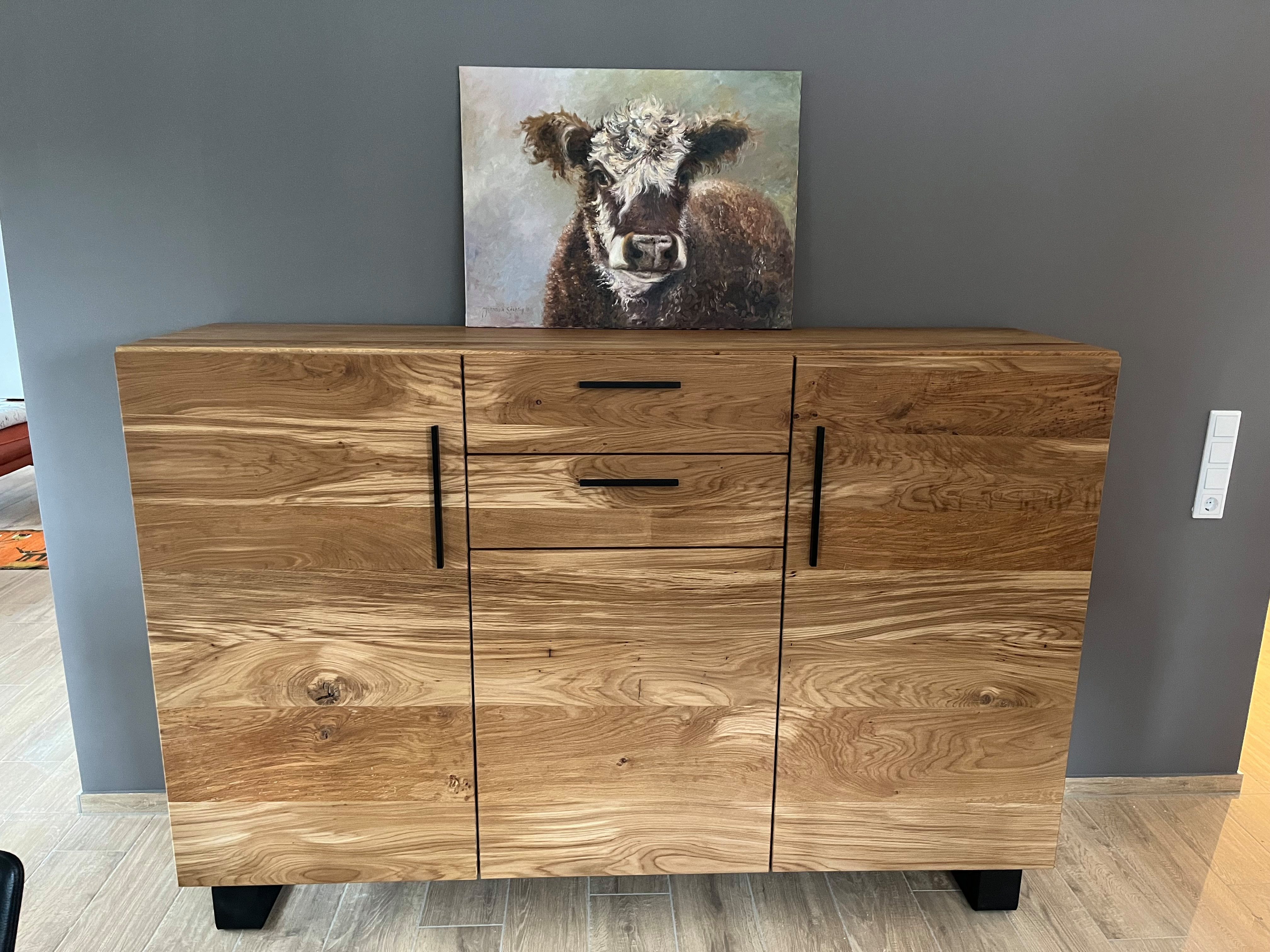 Möbel Specht Highboard Göteborg Steel Eiche massiv (Kommode, Sideboard), Kufen aus Stahl