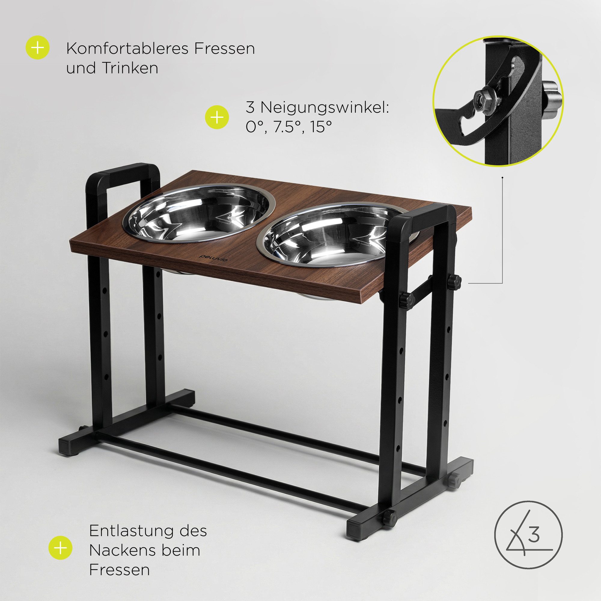 lionelo Futternapf MISTY, Edelstahl 304, 4 Höhen 14–32 cm/3 Winkel 0–15°/2×1200 ml/304 Stahl/2,35 kg
