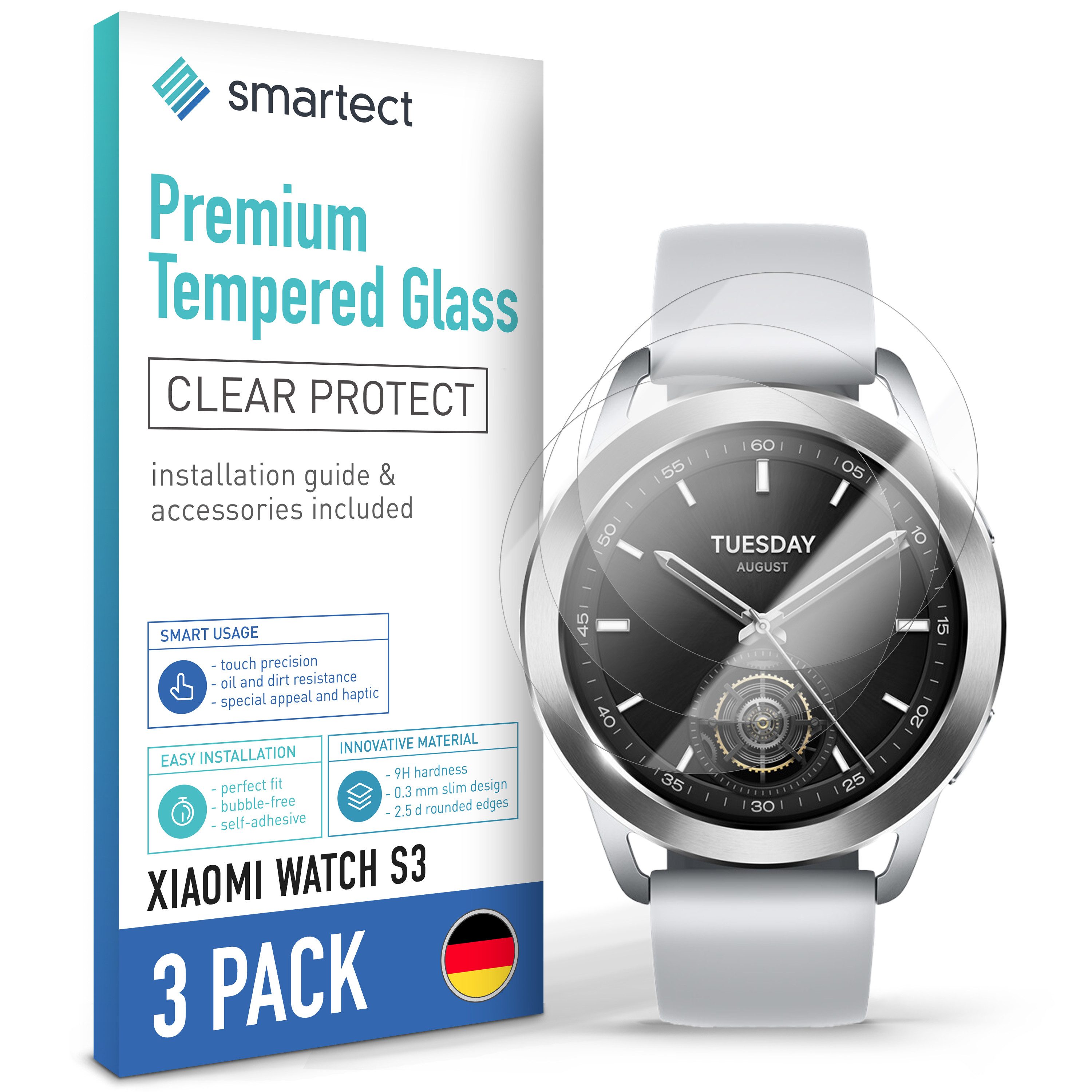 smartect Displayschutzglas Schutzglas Panzerfolie Klar für Xiaomi Watch S3, Set, 3 Stück, Schutzfolie Glasschutz Bildschirm