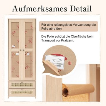 REDOM Highboard Hochwandkommode Schrank Vitrine, mit Rattan-Schubladen, transparenten Türen, Einlegeböden