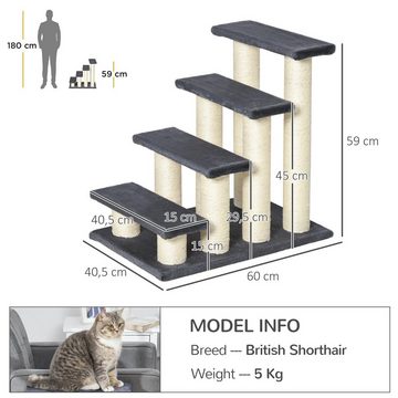 PawHut Kratzbaum Tiertreppe Katzentreppe Hundetreppe 4 Stufen Treppe Plüsch Grau, 60L x 40.5B x 59H cm