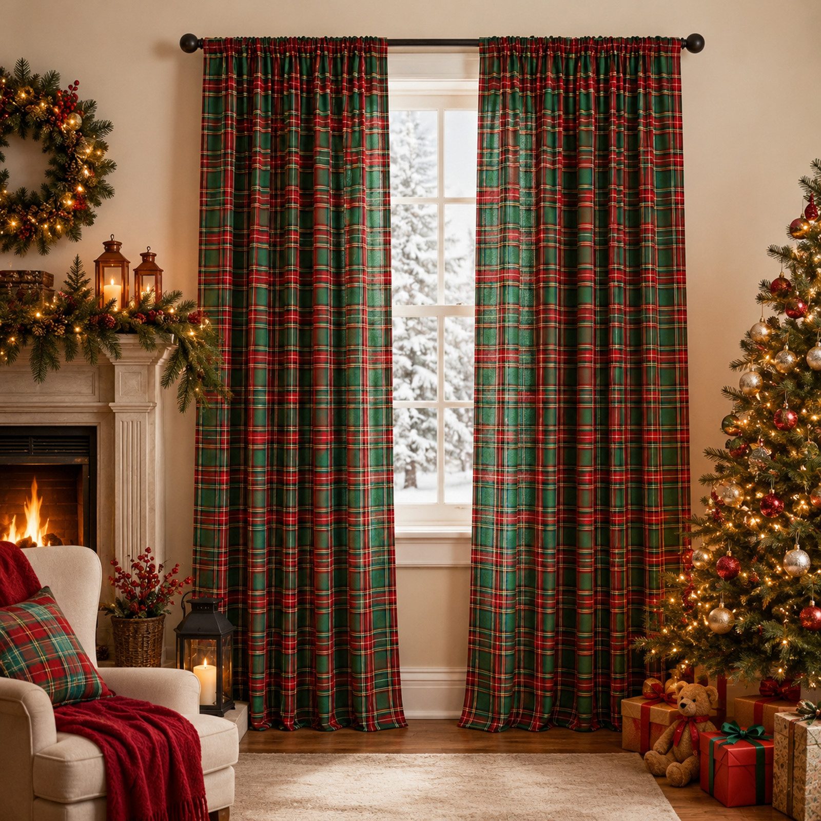 Lapamax Gardine Schottisch karierter Weihnachtsvorhang, 2er-Set, Leichte (2 St), Multifunktionsband, halbtransparent, Dekoschal für Wohnzimmer Schlafzimmer, 50–60 % Lichtfilterung