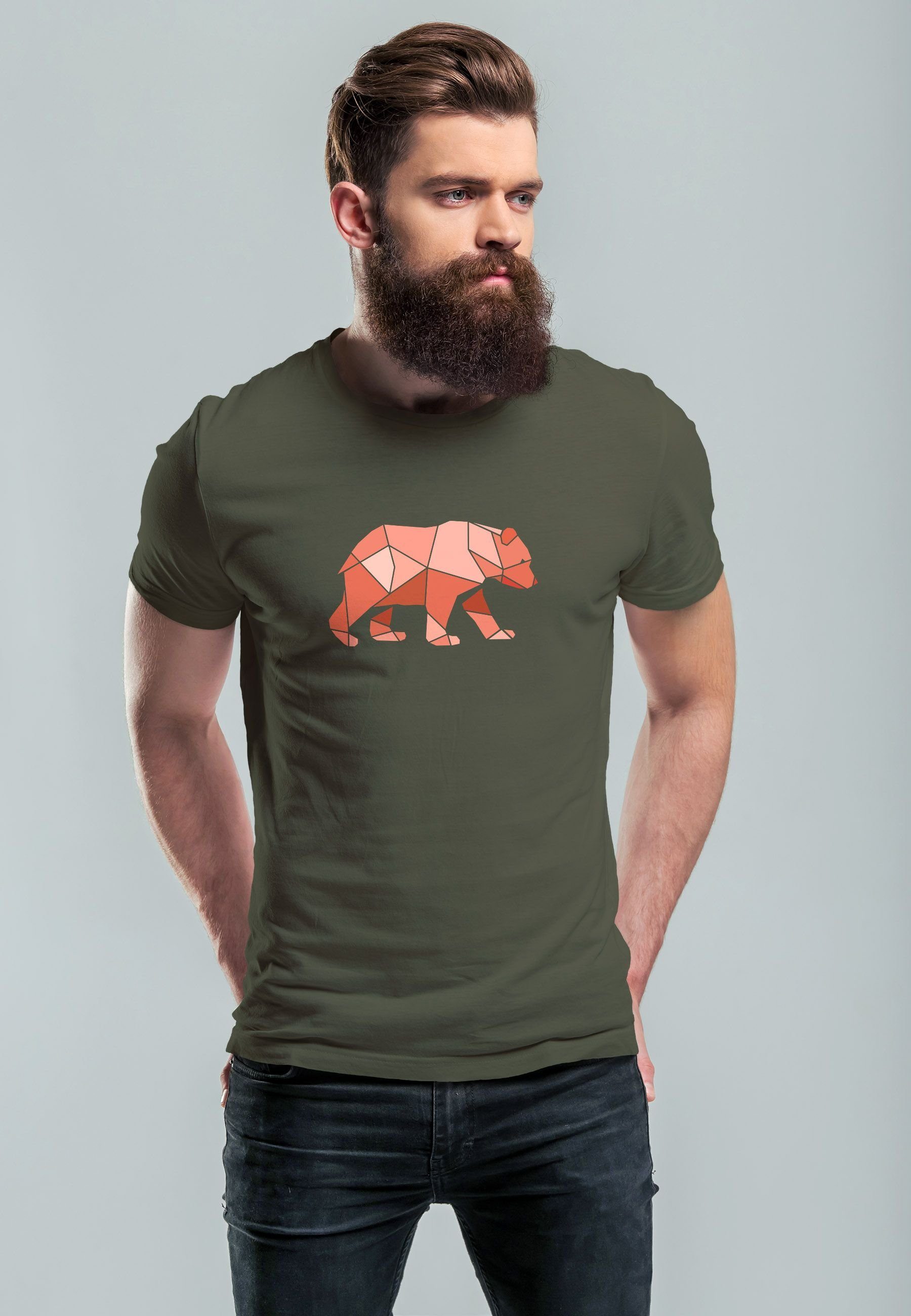 Natur Outdoor Printshirt Print mit Neverless Polygon Bär Grafik Print-Shirt Fash army Herren Motive T-Shirt