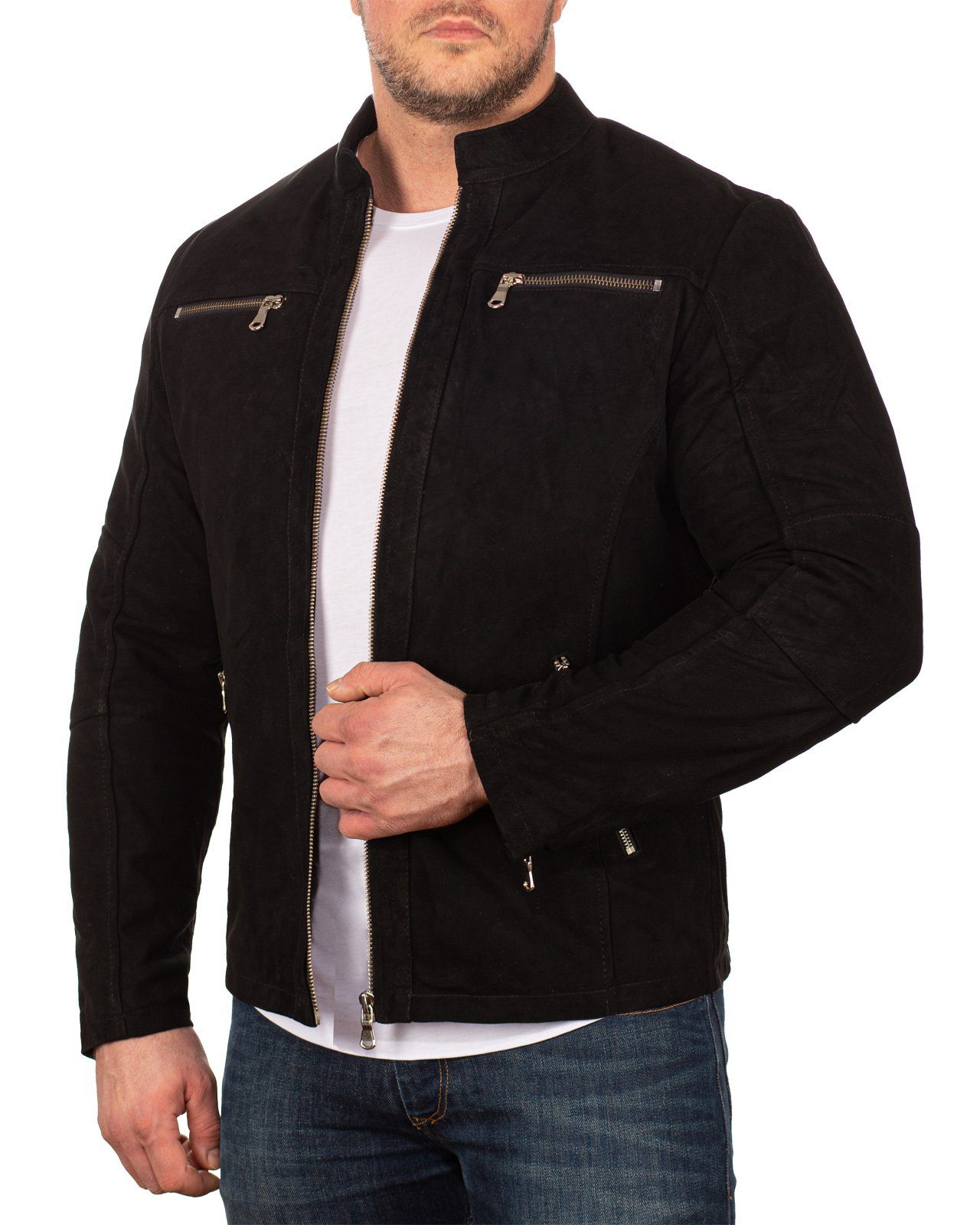 Jacke Reichstadt (1-St) Lederjacke Look WILDLEDER mit im 20RS21LUX Zipper Herren Casual