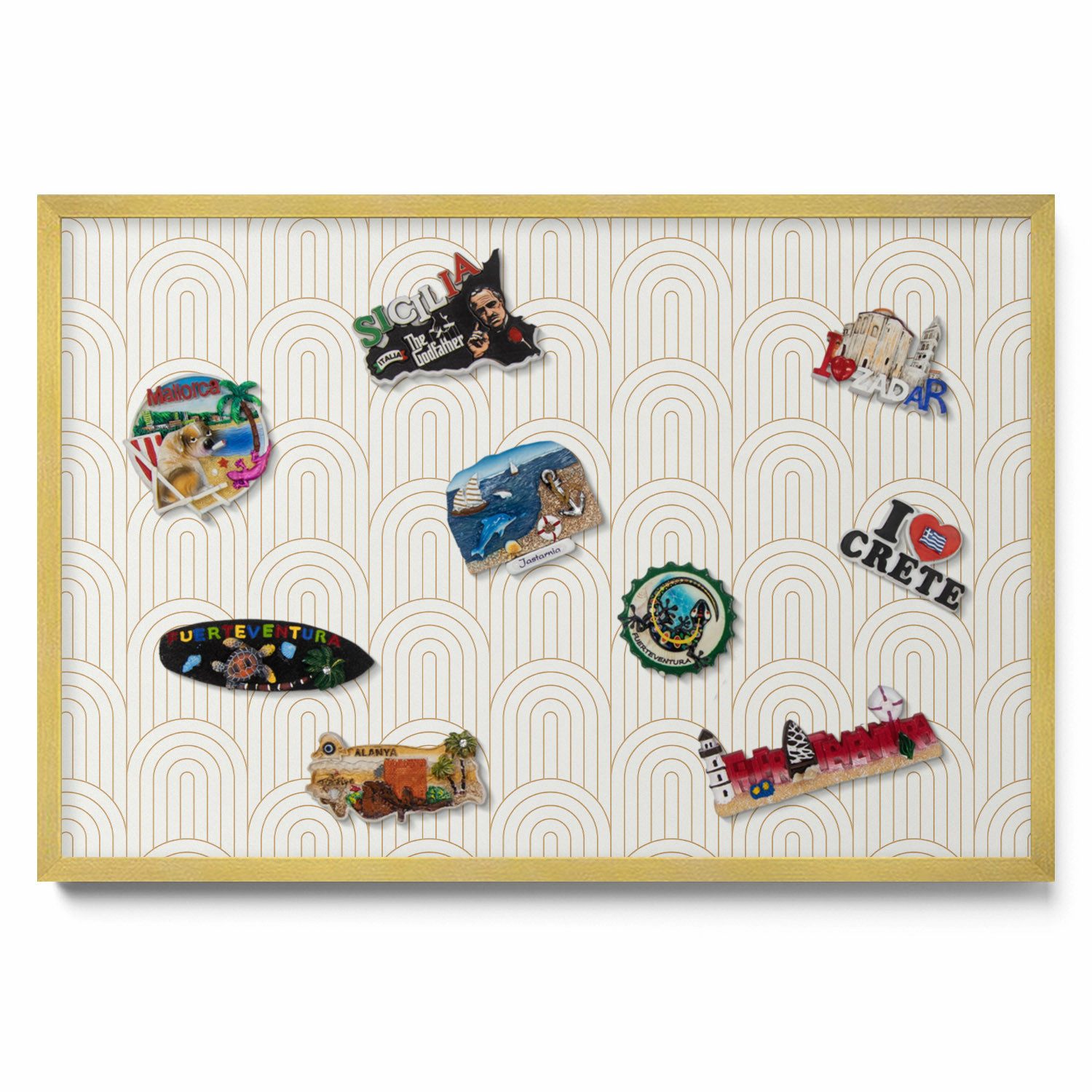 Tulup Magnettafel Cremig mit goldenem Rahmen, Magnetische Wandtafel für Reisesouvenirs, Lineare regelmäßige Bögen, Cremig